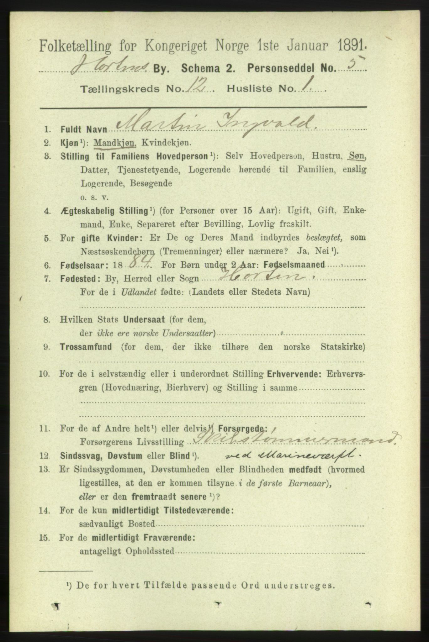 RA, 1891 census for 0703 Horten, 1891, p. 7397