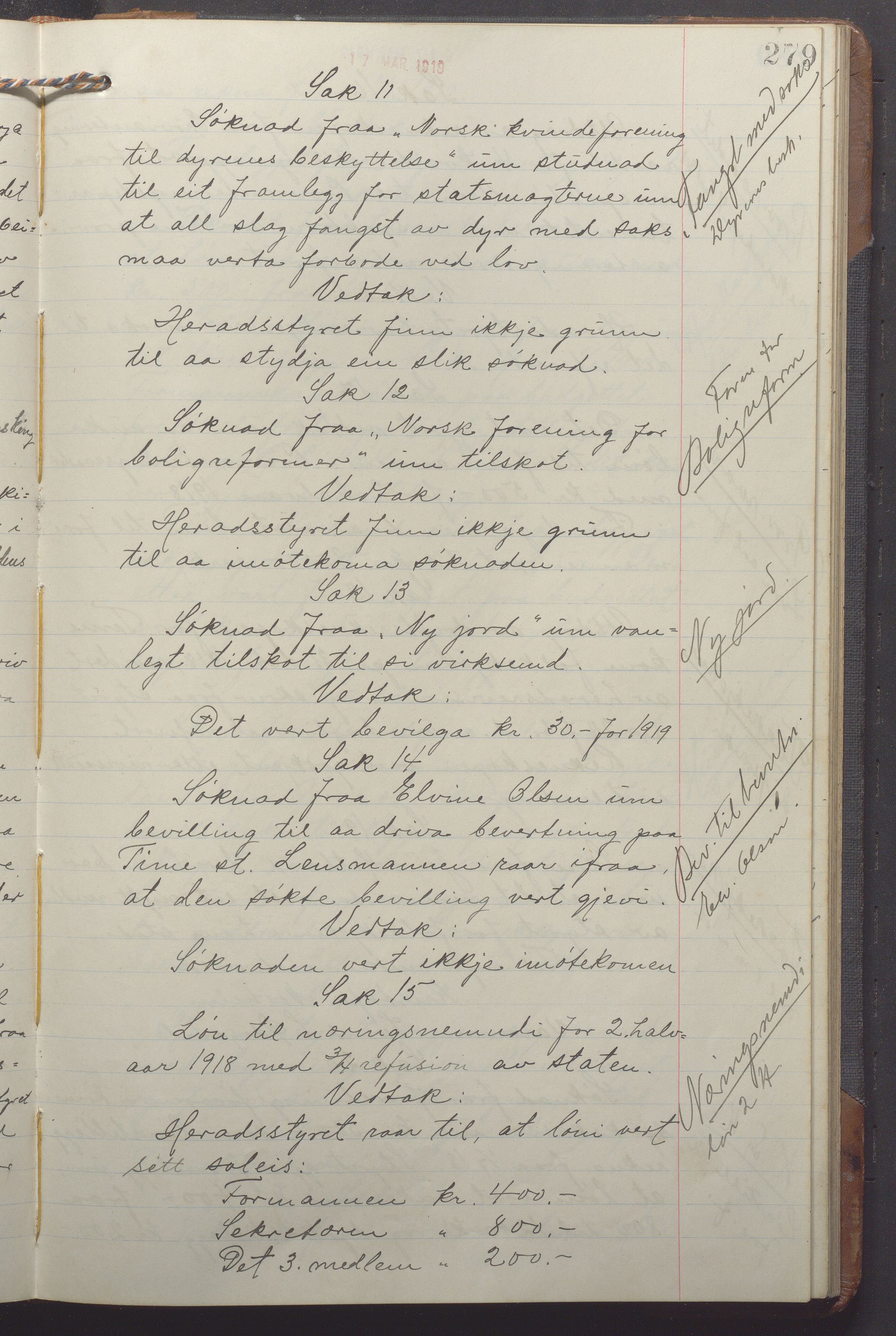 Time kommune - Formannskapet, IKAR/K-100592/A/Aa/L0007: Møtebok, 1914-1920, p. 279