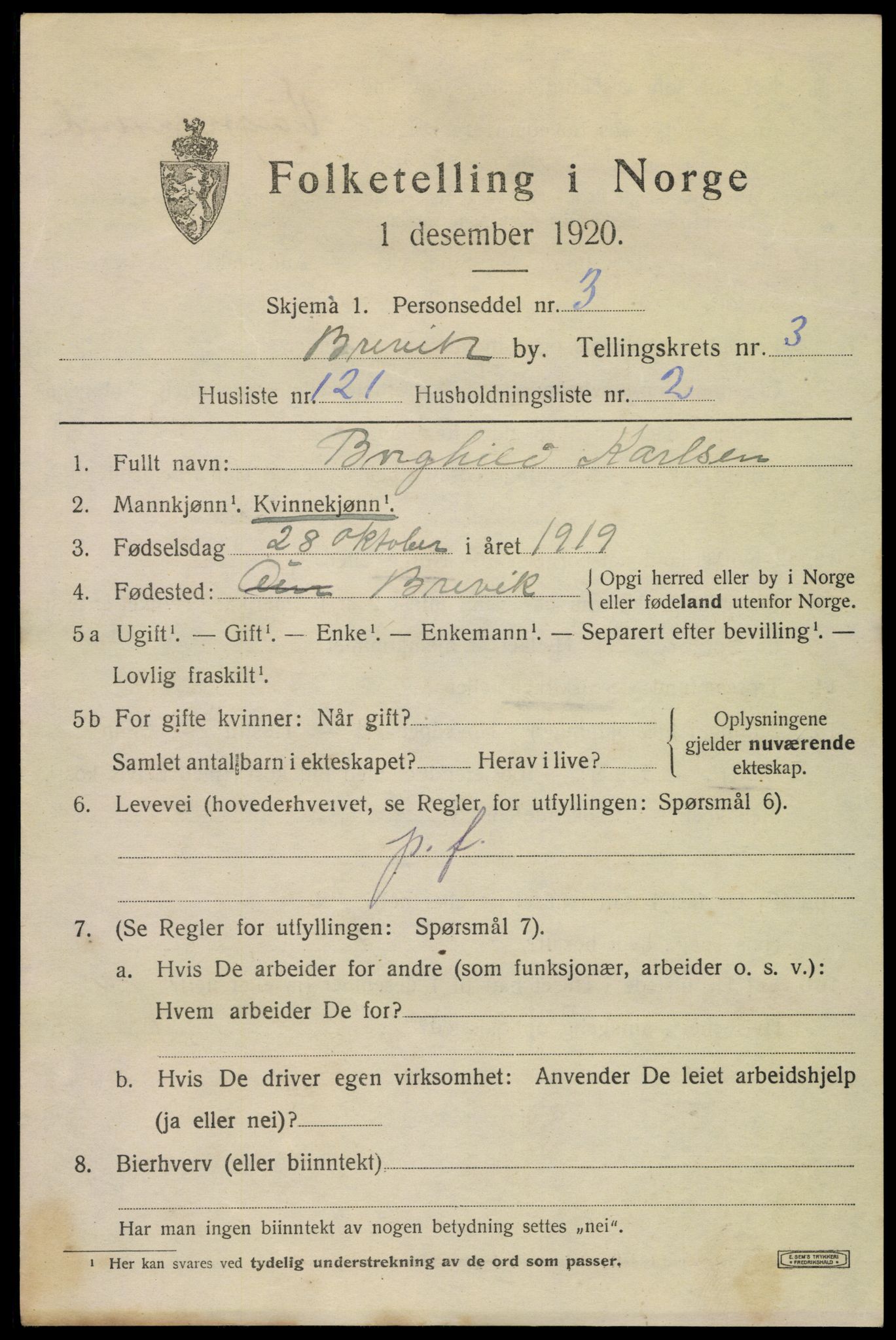 SAKO, 1920 census for Brevik, 1920, p. 6026