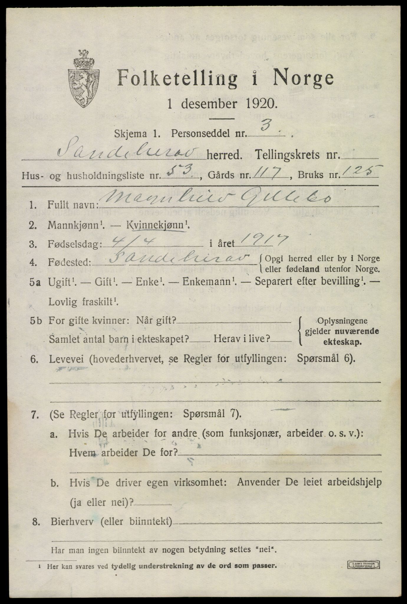 SAKO, 1920 census for Sandeherred, 1920, p. 10280