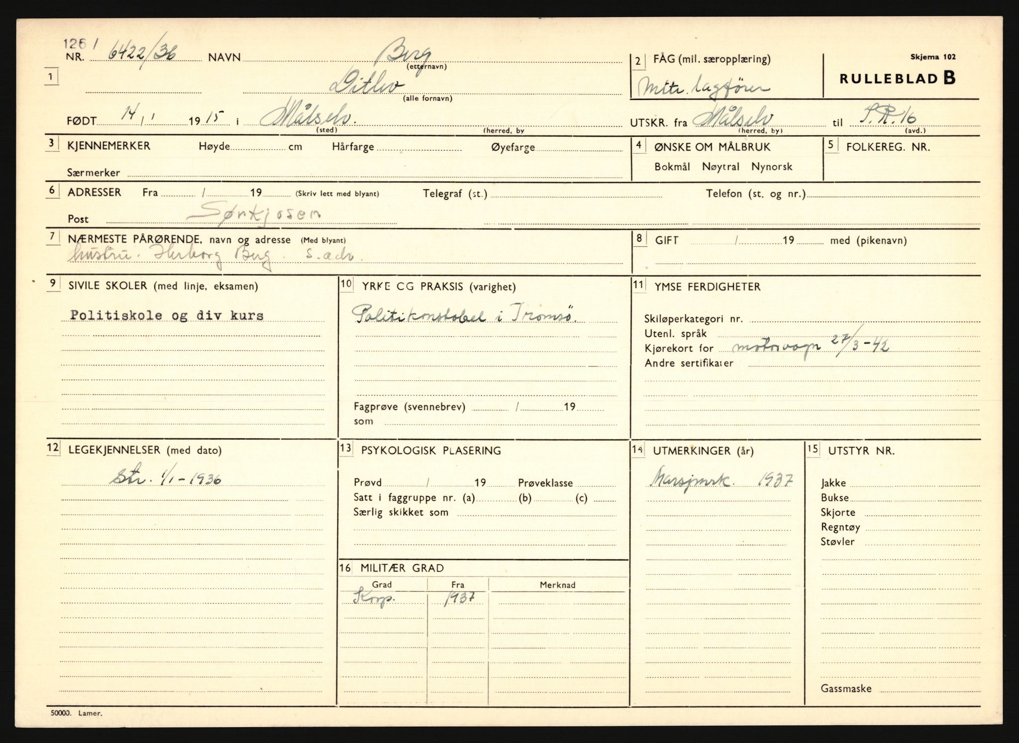 Forsvaret, Troms infanteriregiment nr. 16, AV/RA-RAFA-3146/P/Pa/L0020: Rulleblad for regimentets menige mannskaper, årsklasse 1936, 1936, p. 115