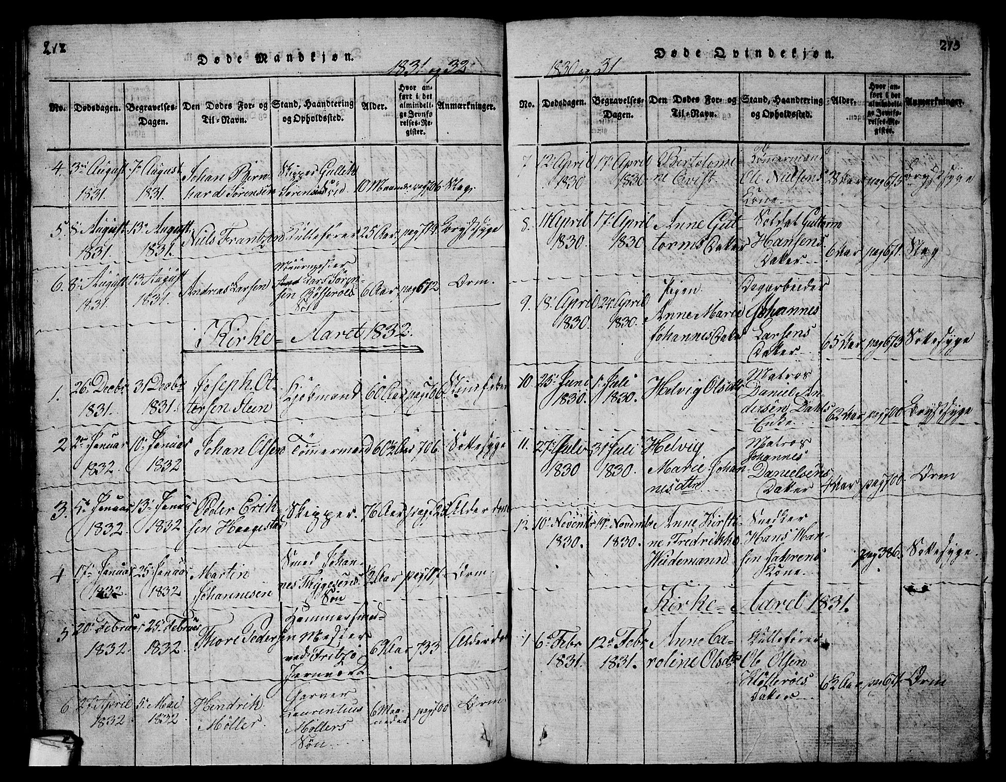 Larvik kirkebøker, AV/SAKO-A-352/G/Gb/L0001: Parish register (copy) no. II 1, 1818-1843, p. 212-213