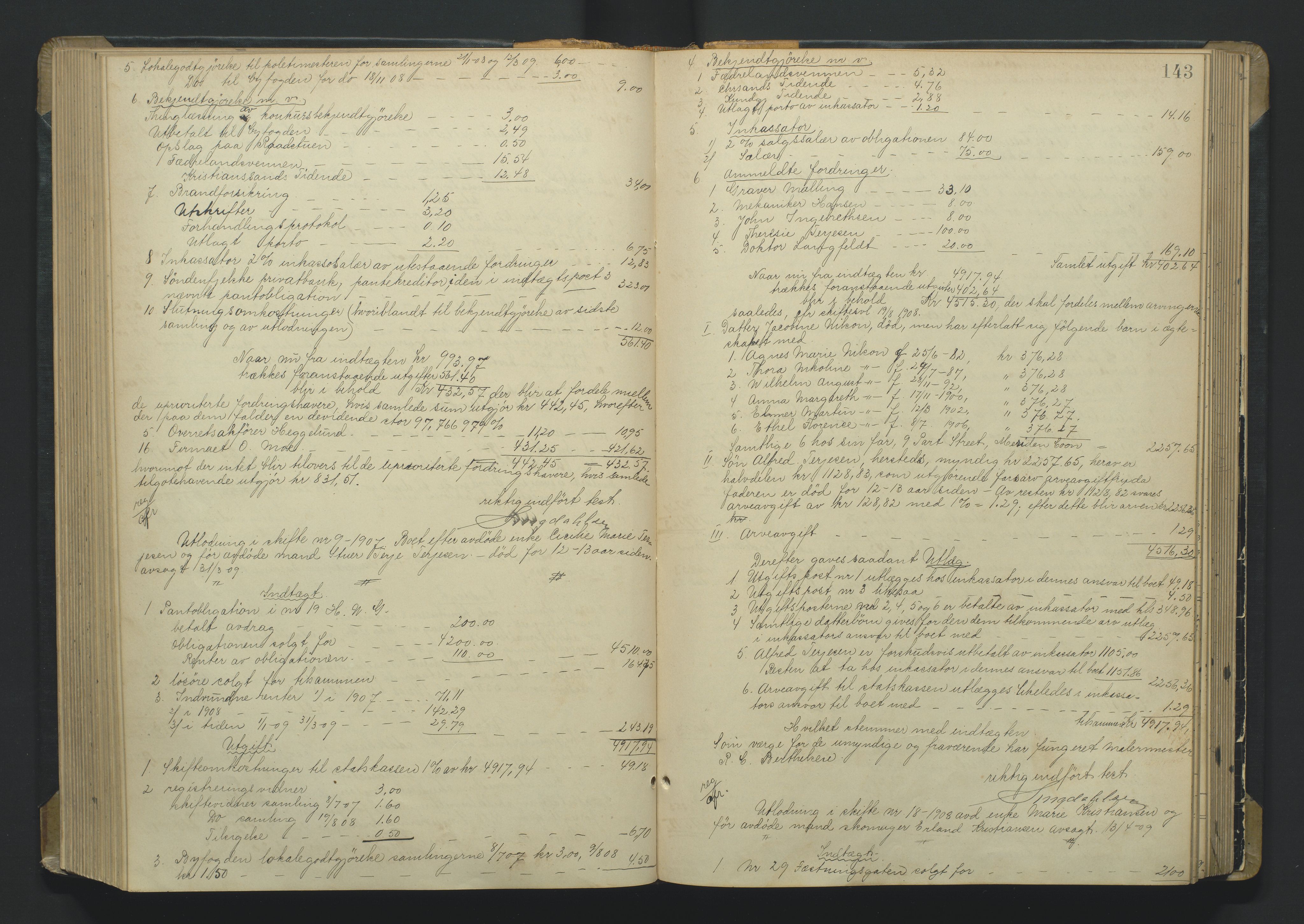 Kristiansand byrett, AV/SAK-1223-0001/H/Hc/L0060: Skifteutlodningsprotokoll nr. 6, med register, 1903-1916, p. 143