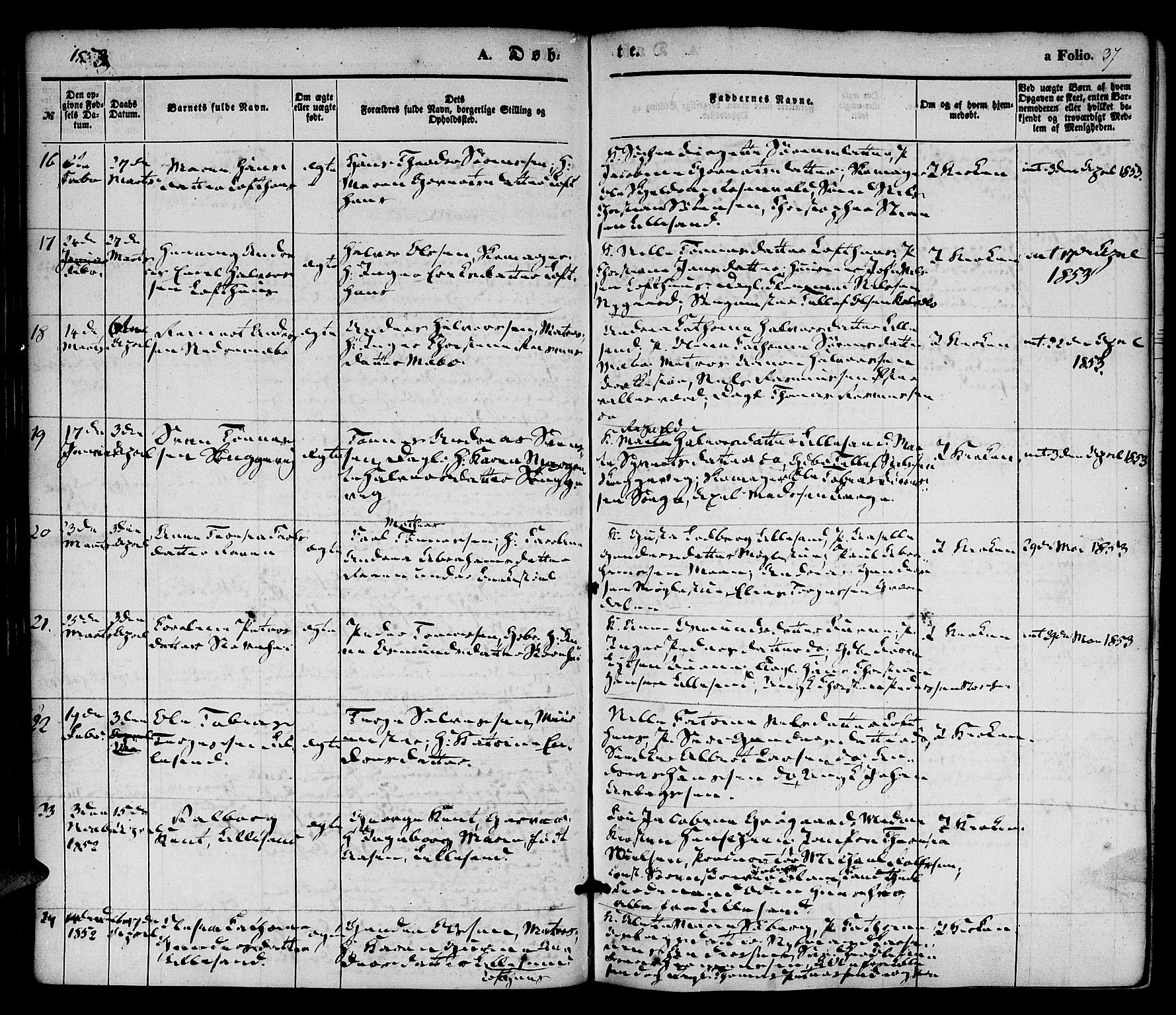 Vestre Moland sokneprestkontor, AV/SAK-1111-0046/F/Fa/Fab/L0006: Parish register (official) no. A 6, 1850-1858, p. 37