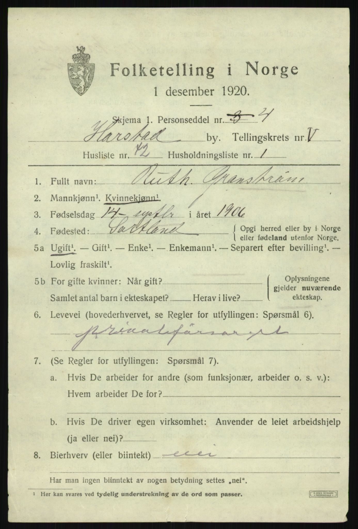 SATØ, 1920 census for Harstad, 1920, p. 7418