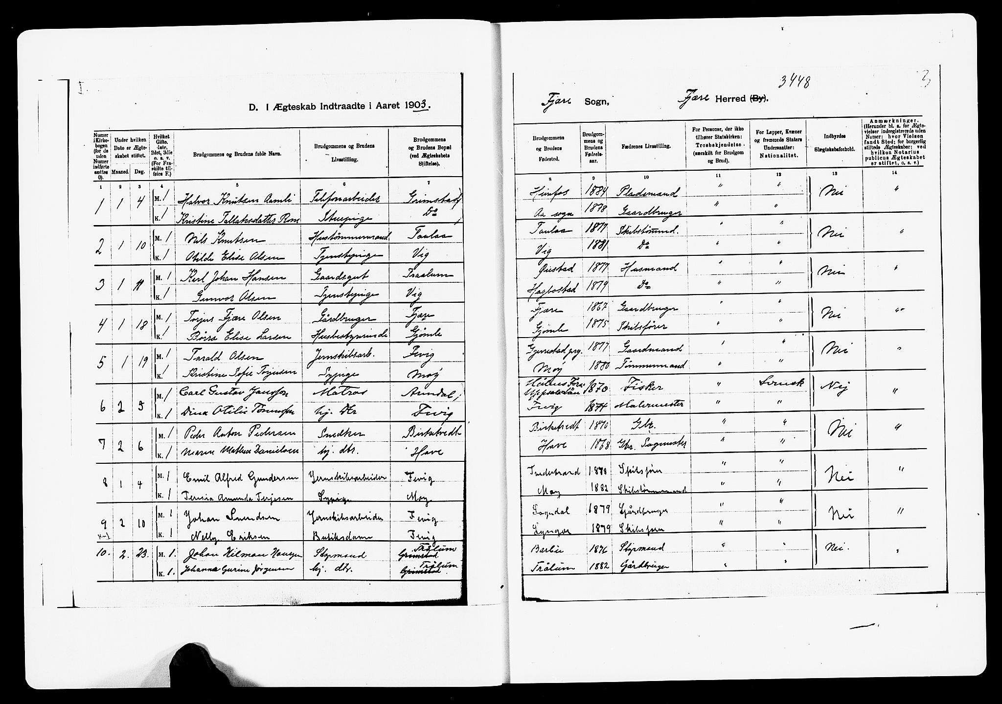 Fjære sokneprestkontor, SAK/1111-0011/F/Fa/L0003: Parish register (official) no. A 3.1, 1903-1920, p. 1