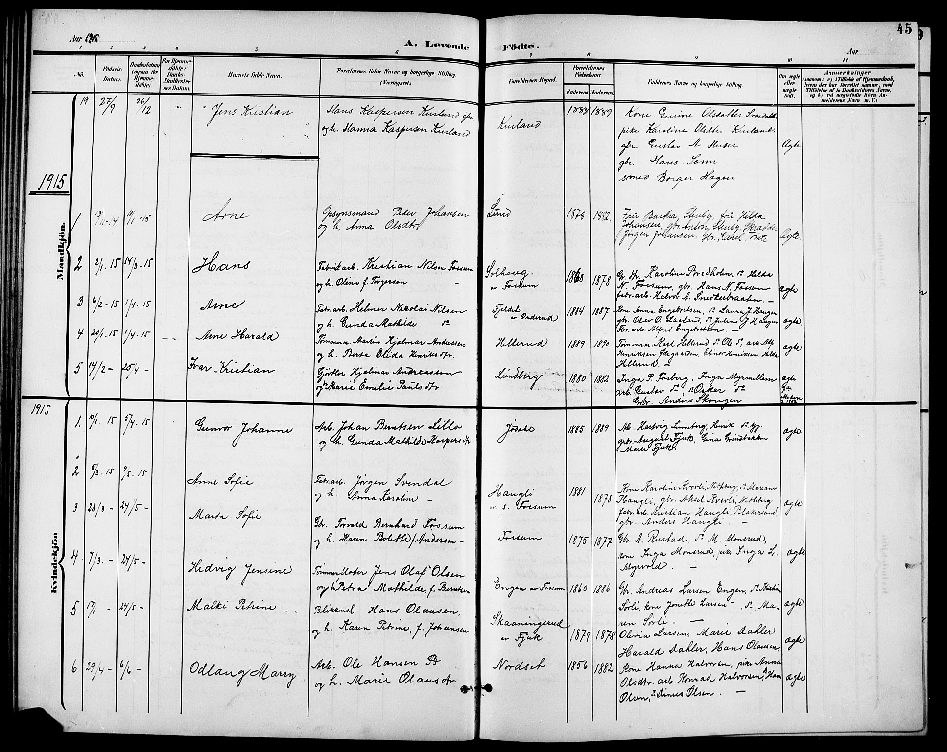 Aurskog prestekontor Kirkebøker, SAO/A-10304a/G/Gb/L0002: Parish register (copy) no. II 2, 1901-1926, p. 45