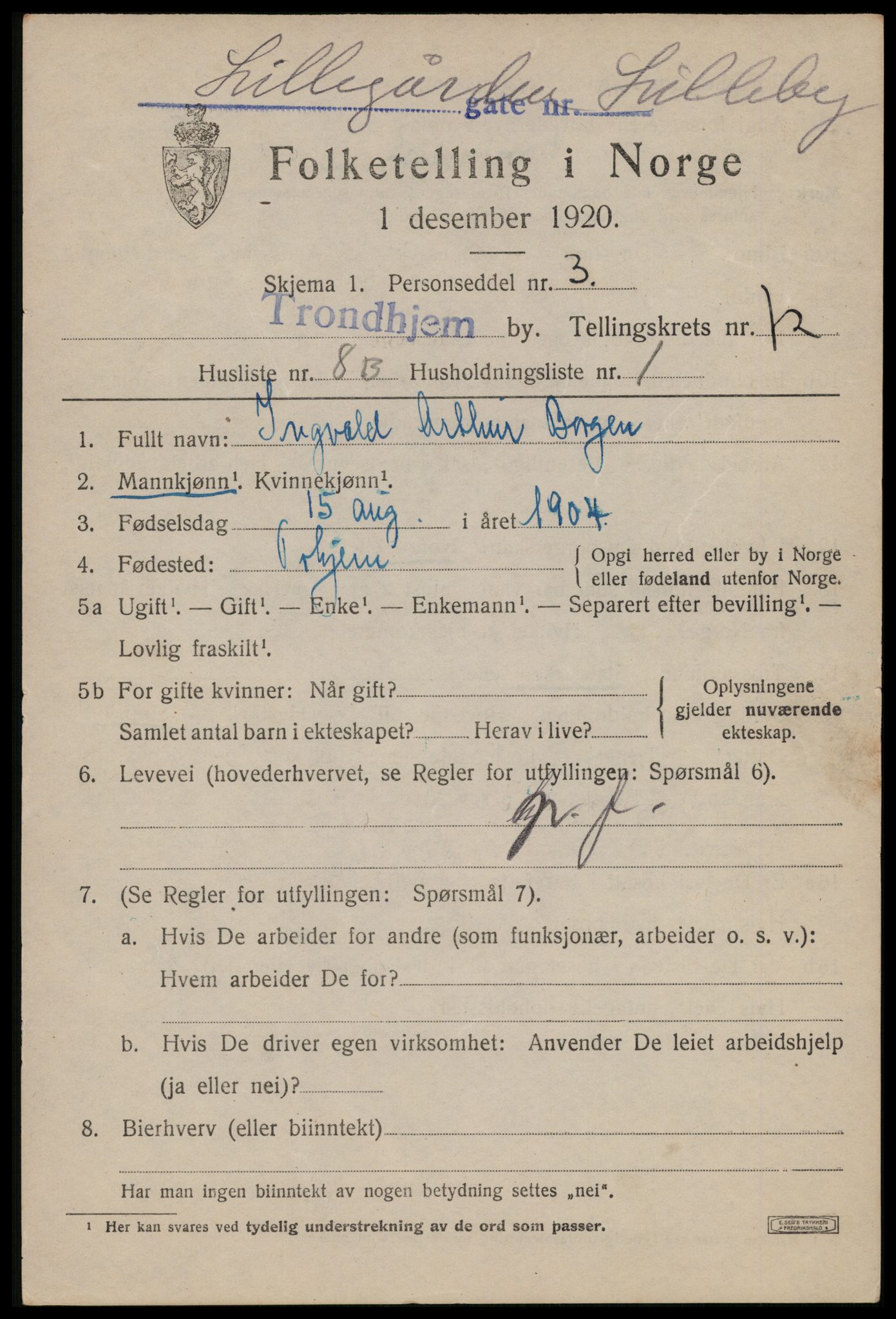 SAT, 1920 census for Trondheim, 1920, p. 141268