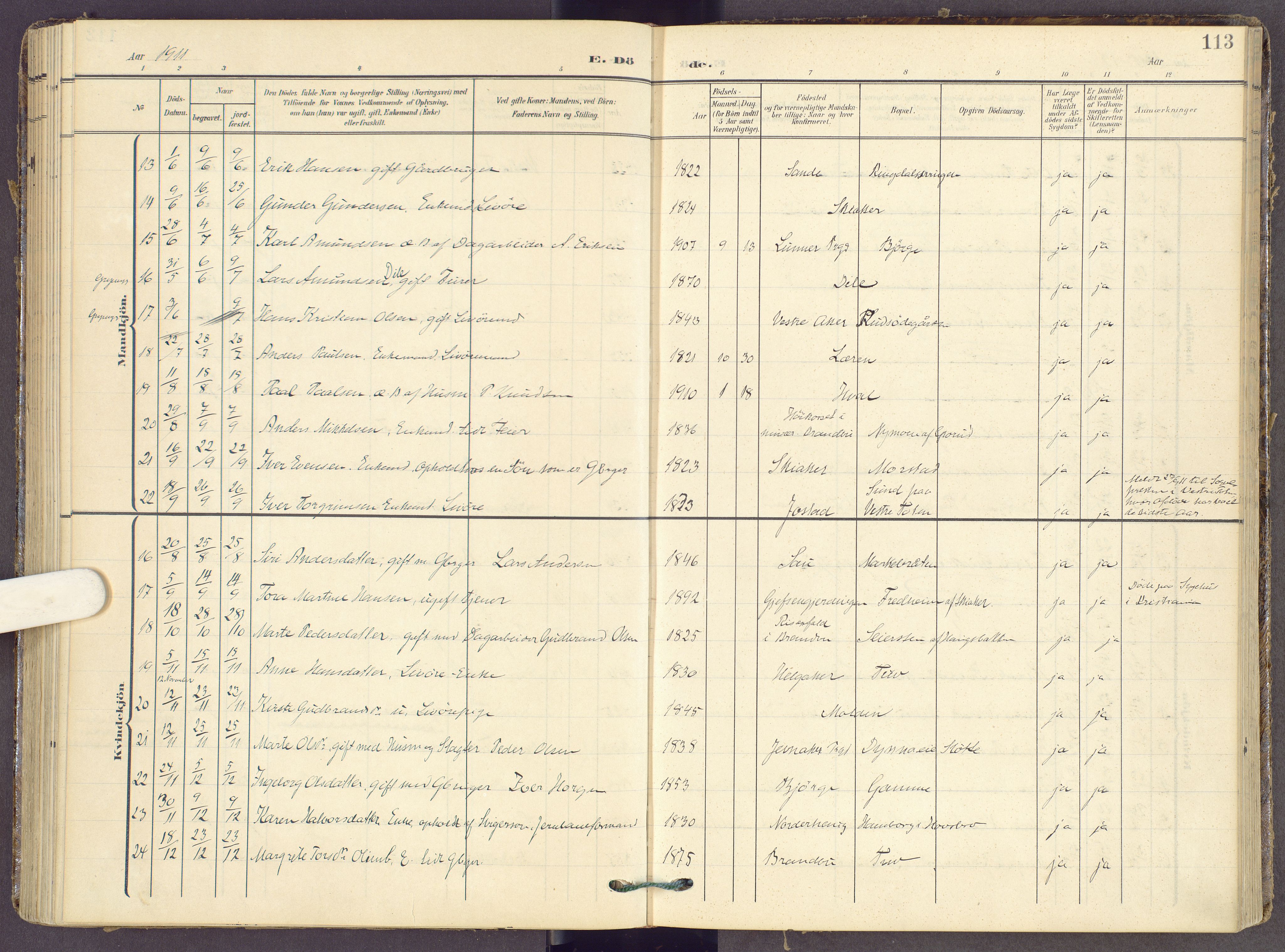Gran prestekontor, SAH/PREST-112/H/Ha/Haa/L0022: Parish register (official) no. 22, 1908-1918, p. 113