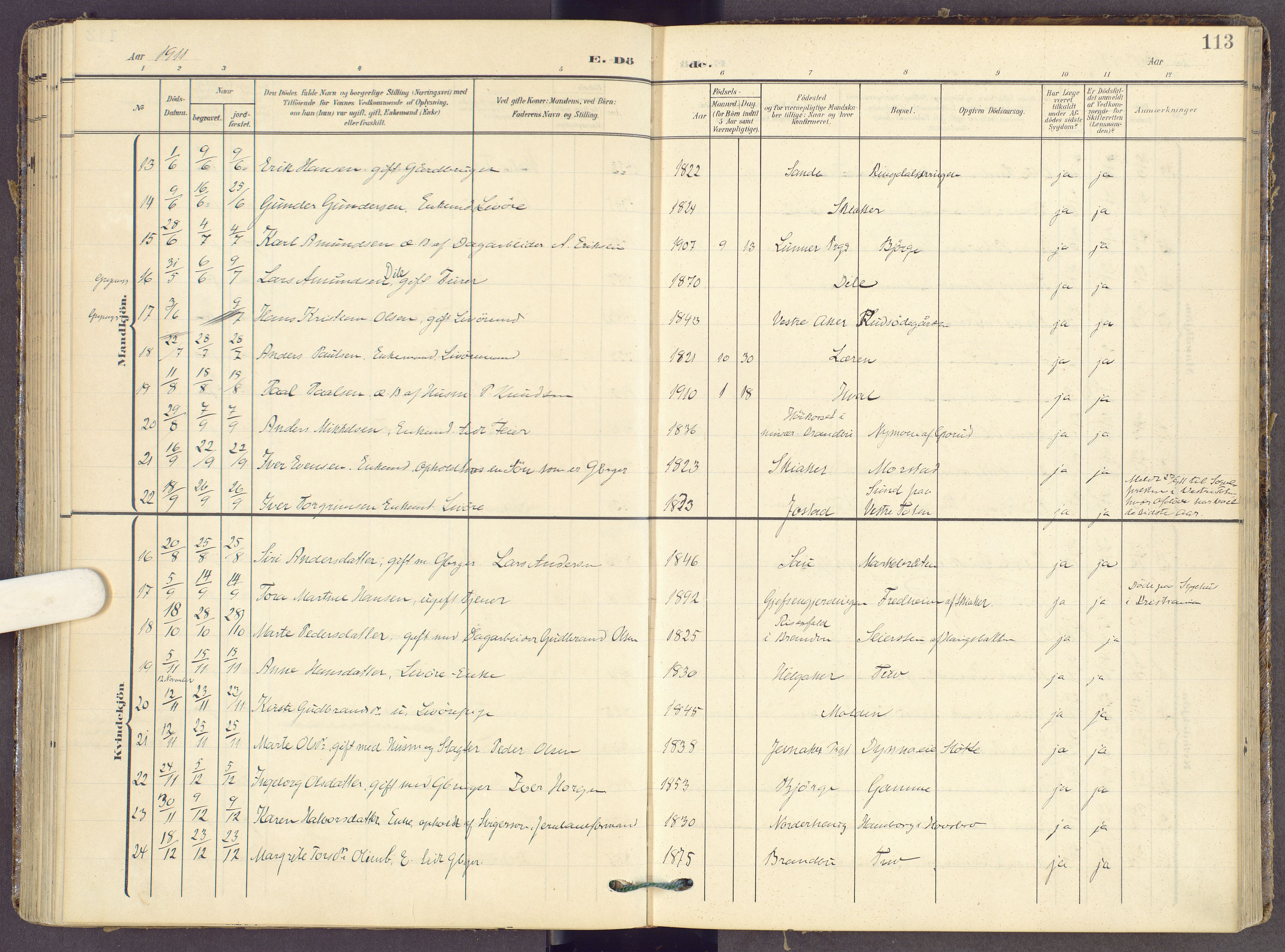 Gran prestekontor, AV/SAH-PREST-112/H/Ha/Haa/L0022: Parish register (official) no. 22, 1908-1918, p. 113