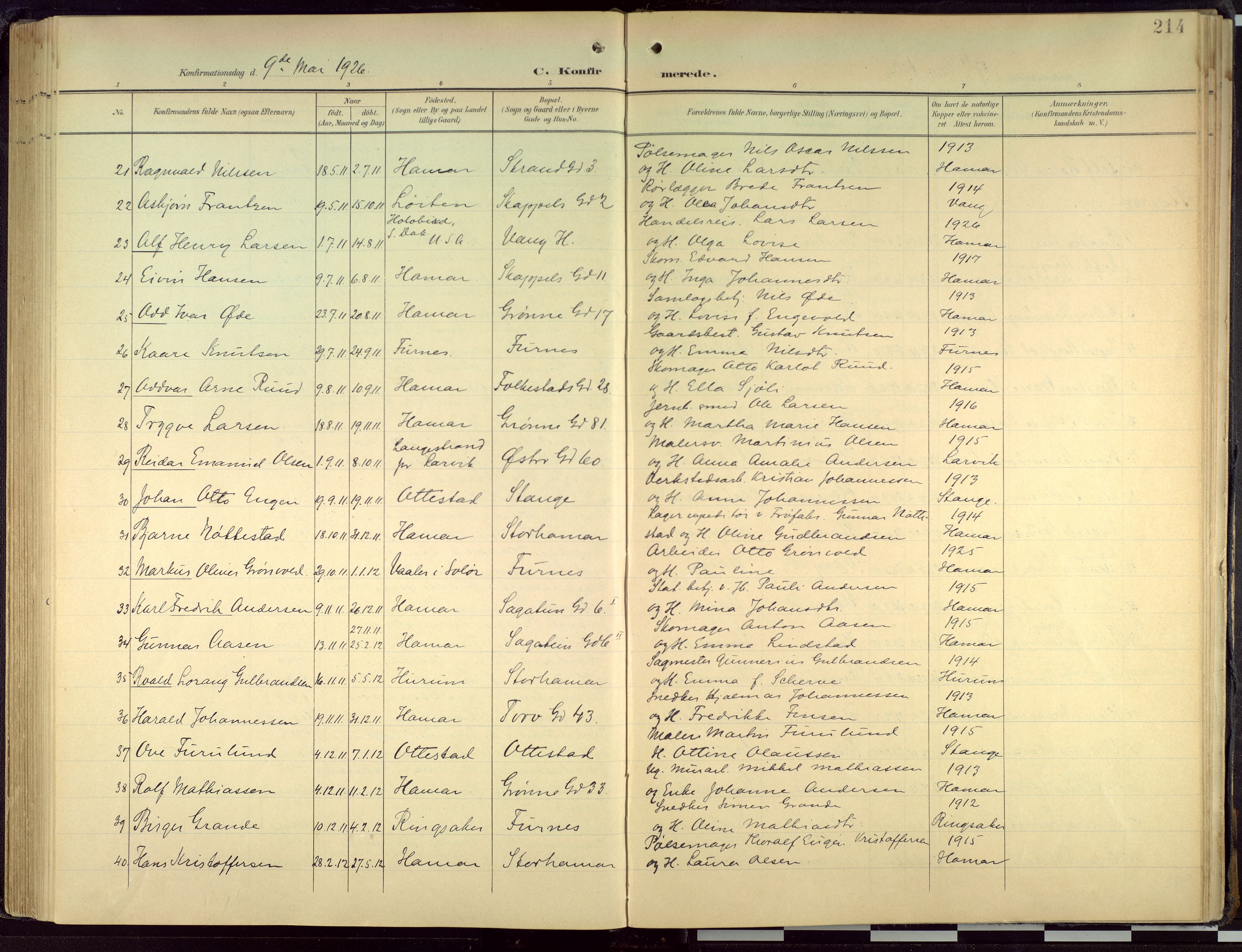 Hamar prestekontor, AV/SAH-DOMPH-002/H/Ha/Haa/L0004: Parish register (official) no. 4, 1899-1973, p. 214