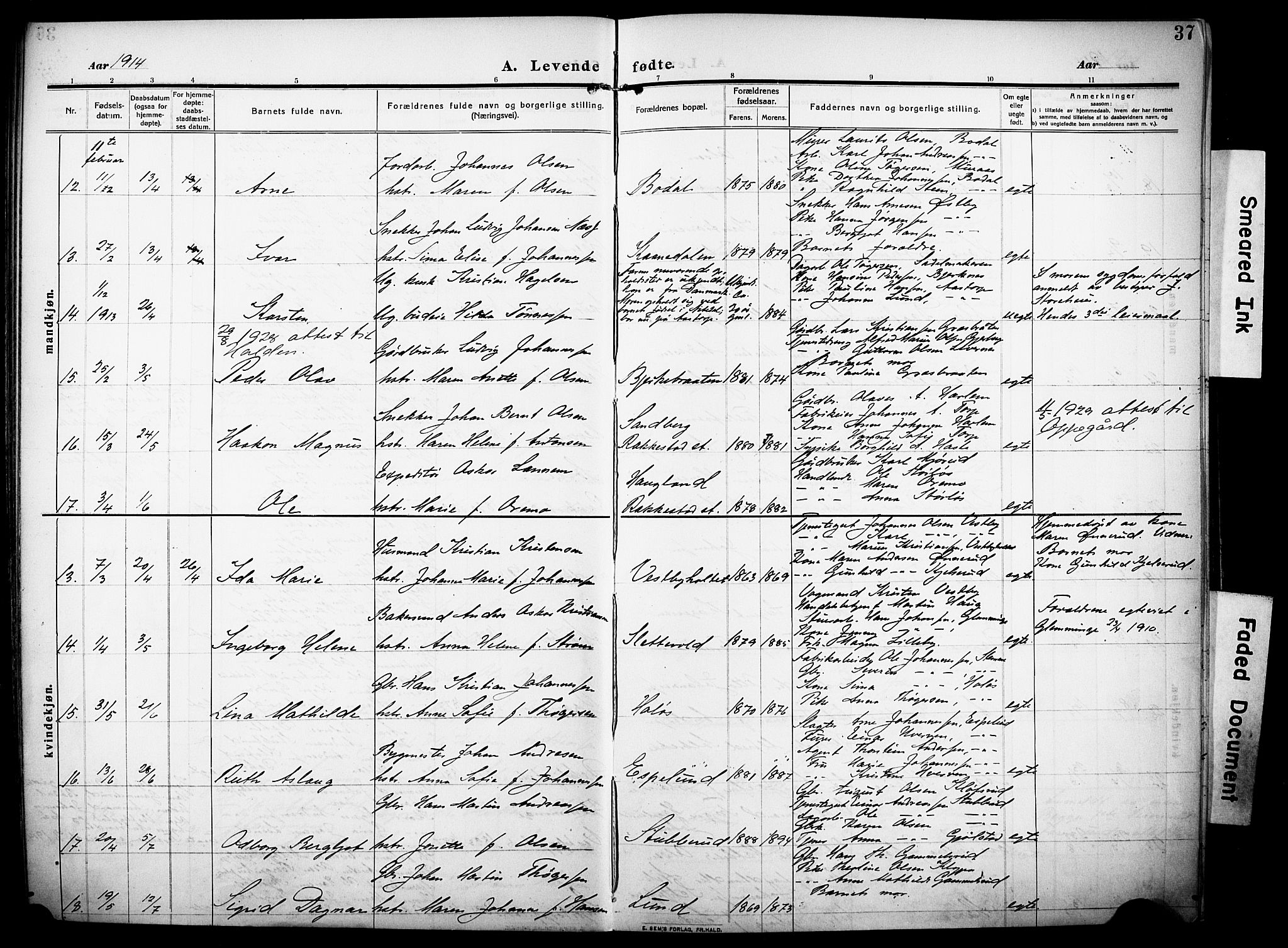Rakkestad prestekontor Kirkebøker, SAO/A-2008/F/Fa/L0015: Parish register (official) no. I 15, 1909-1922, p. 37