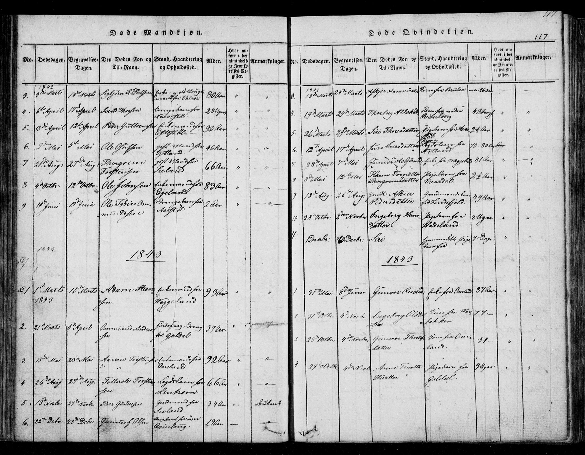 Fjotland sokneprestkontor, AV/SAK-1111-0010/F/Fb/L0001: Parish register (copy) no. B 1, 1816-1849, p. 117