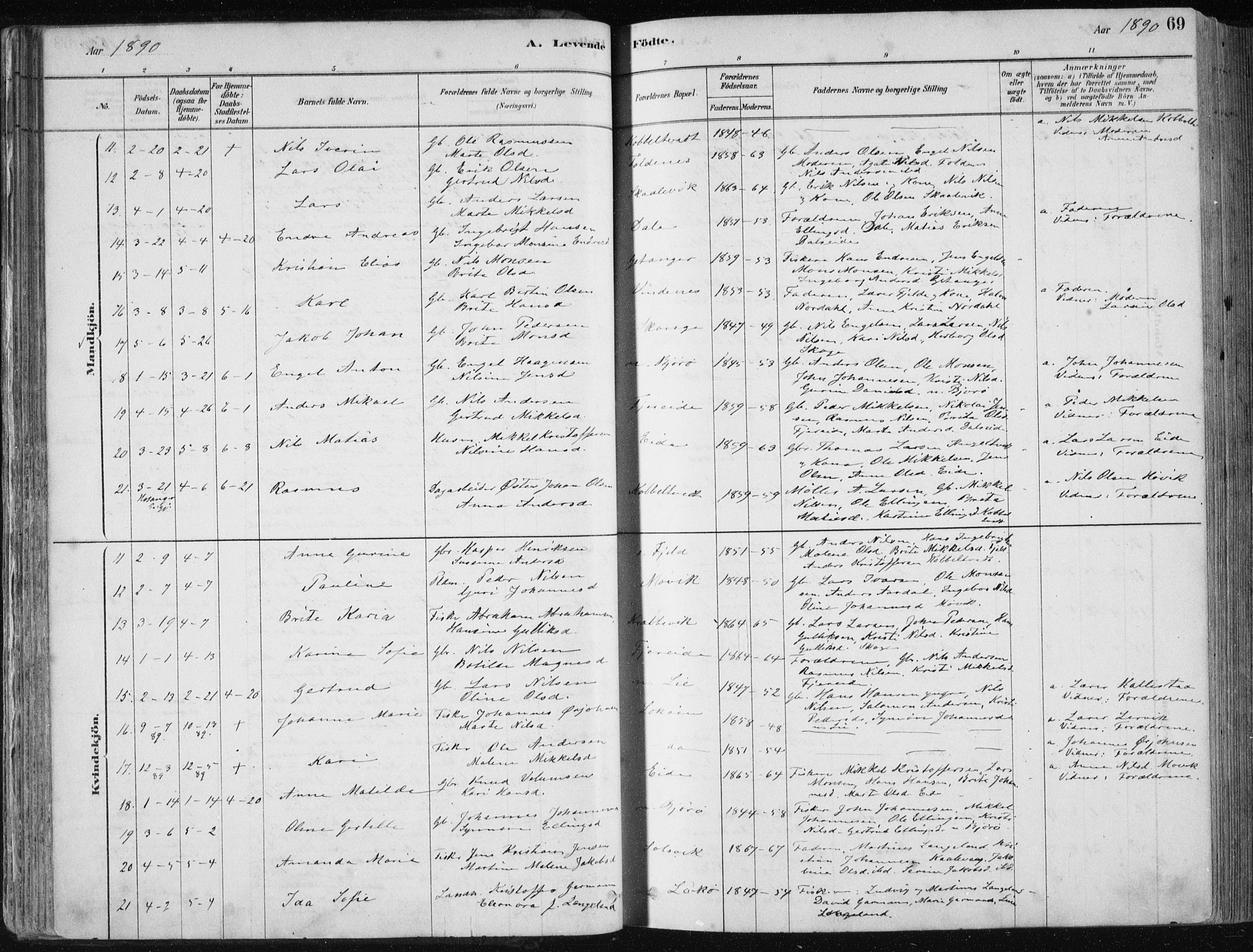 Fjell sokneprestembete, SAB/A-75301/H/Haa: Parish register (official) no. A  8, 1878-1898, p. 69