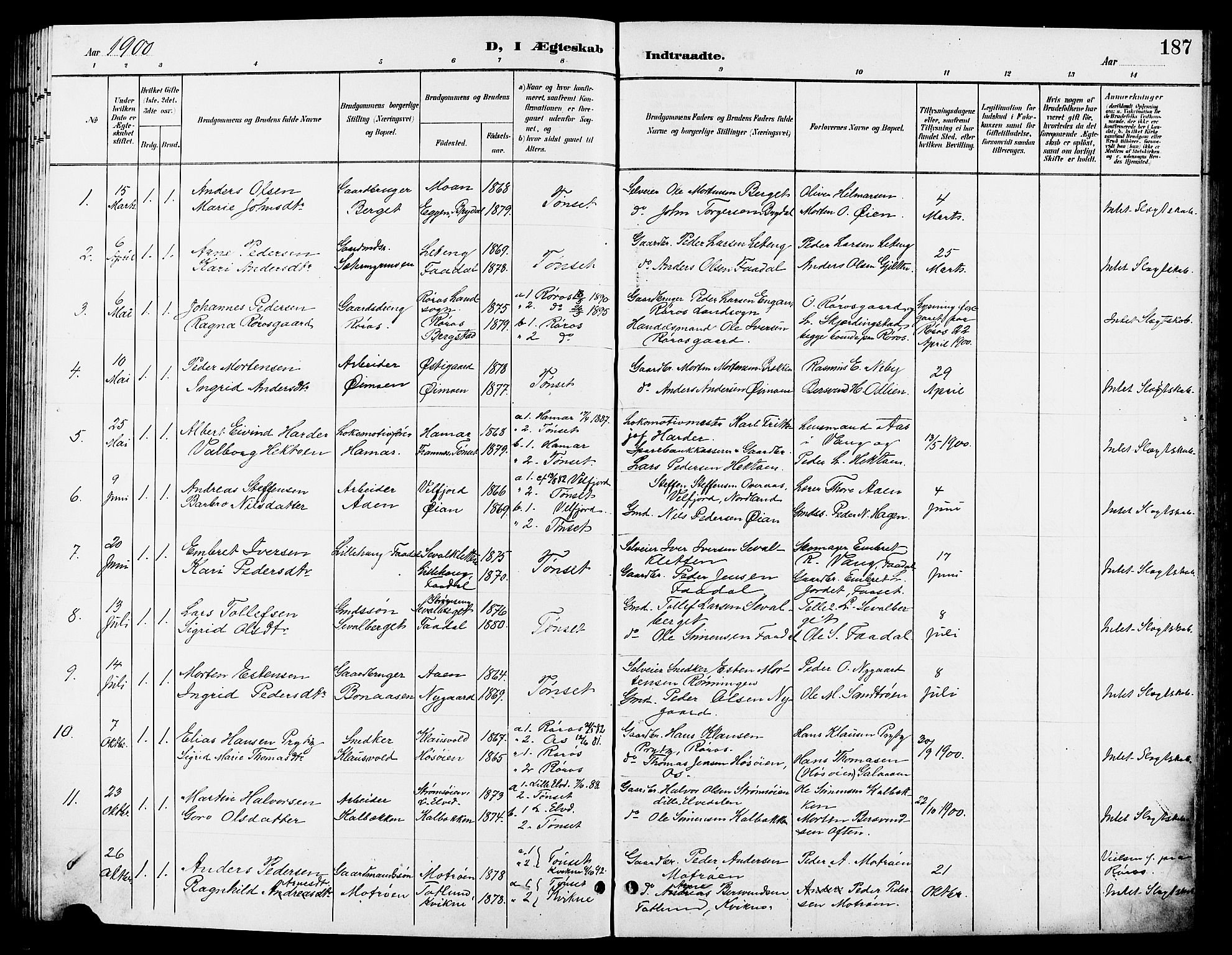 Tynset prestekontor, SAH/PREST-058/H/Ha/Hab/L0009: Parish register (copy) no. 9, 1900-1914, p. 187