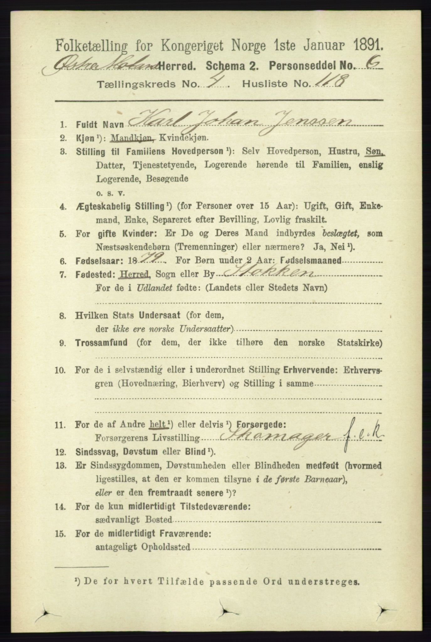 RA, 1891 census for 0918 Austre Moland, 1891, p. 2691