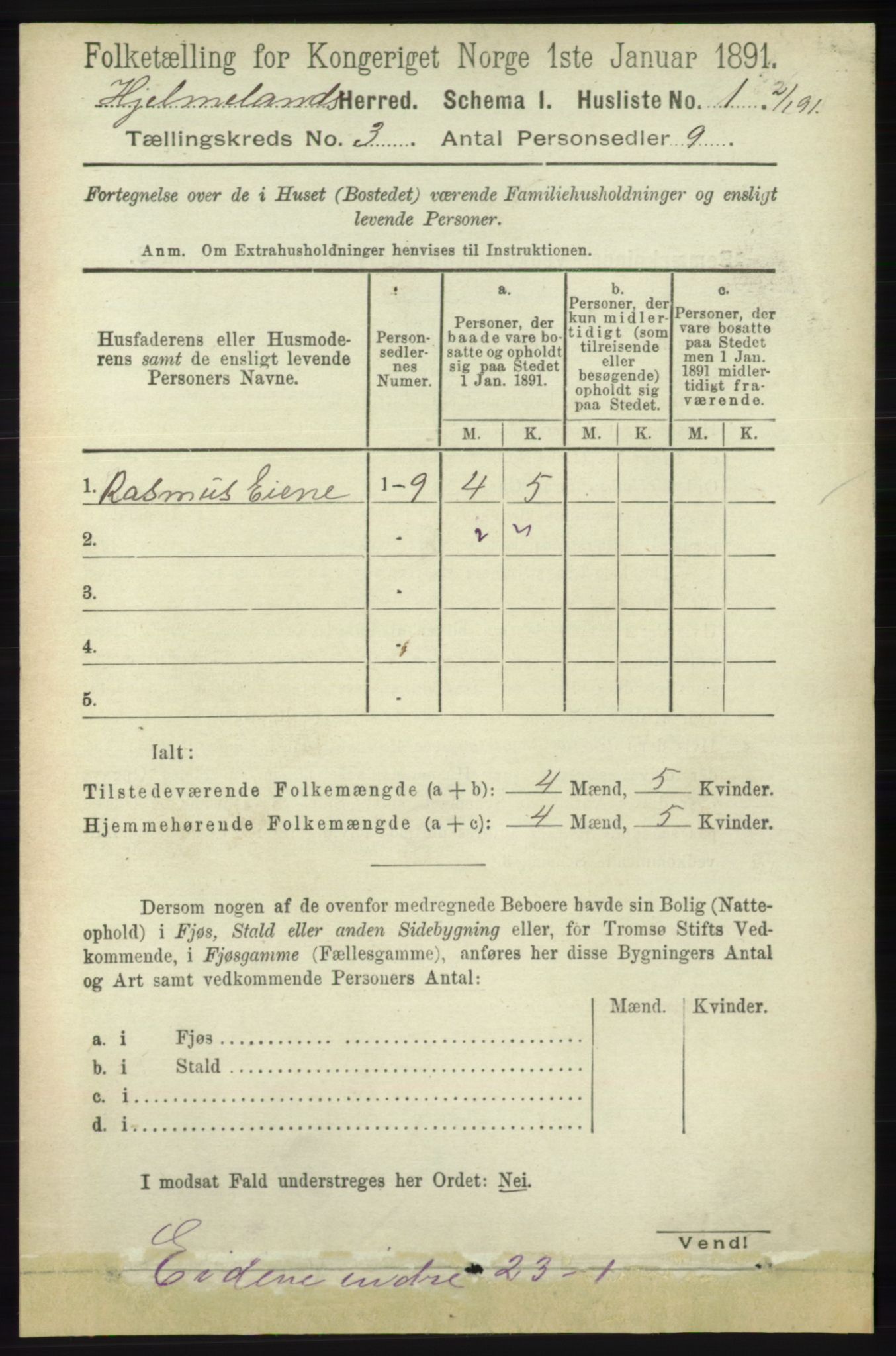 RA, 1891 census for 1133 Hjelmeland, 1891, p. 692
