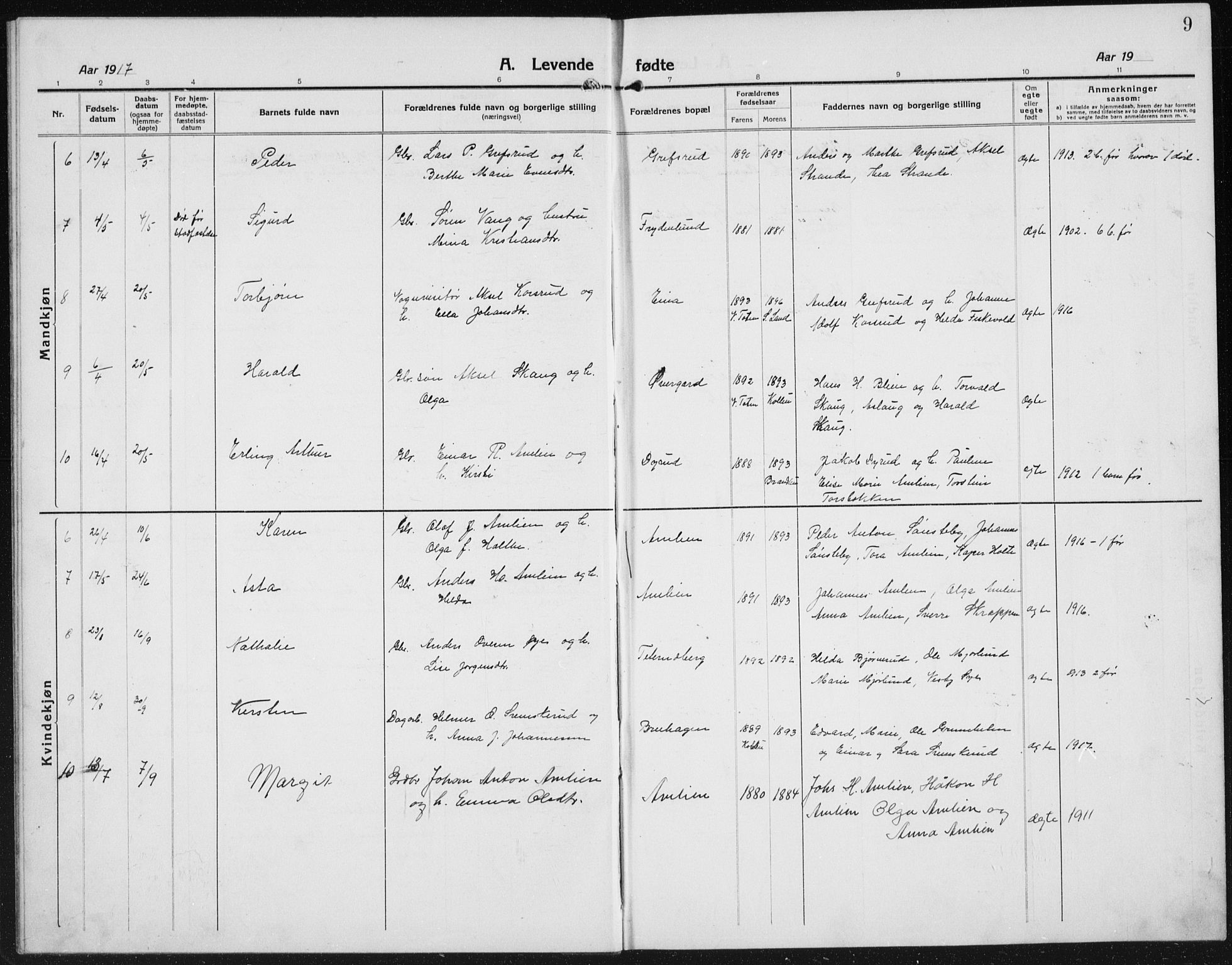 Kolbu prestekontor, AV/SAH-PREST-110/H/Ha/Hab/L0006: Parish register (copy) no. 6, 1916-1934, p. 9