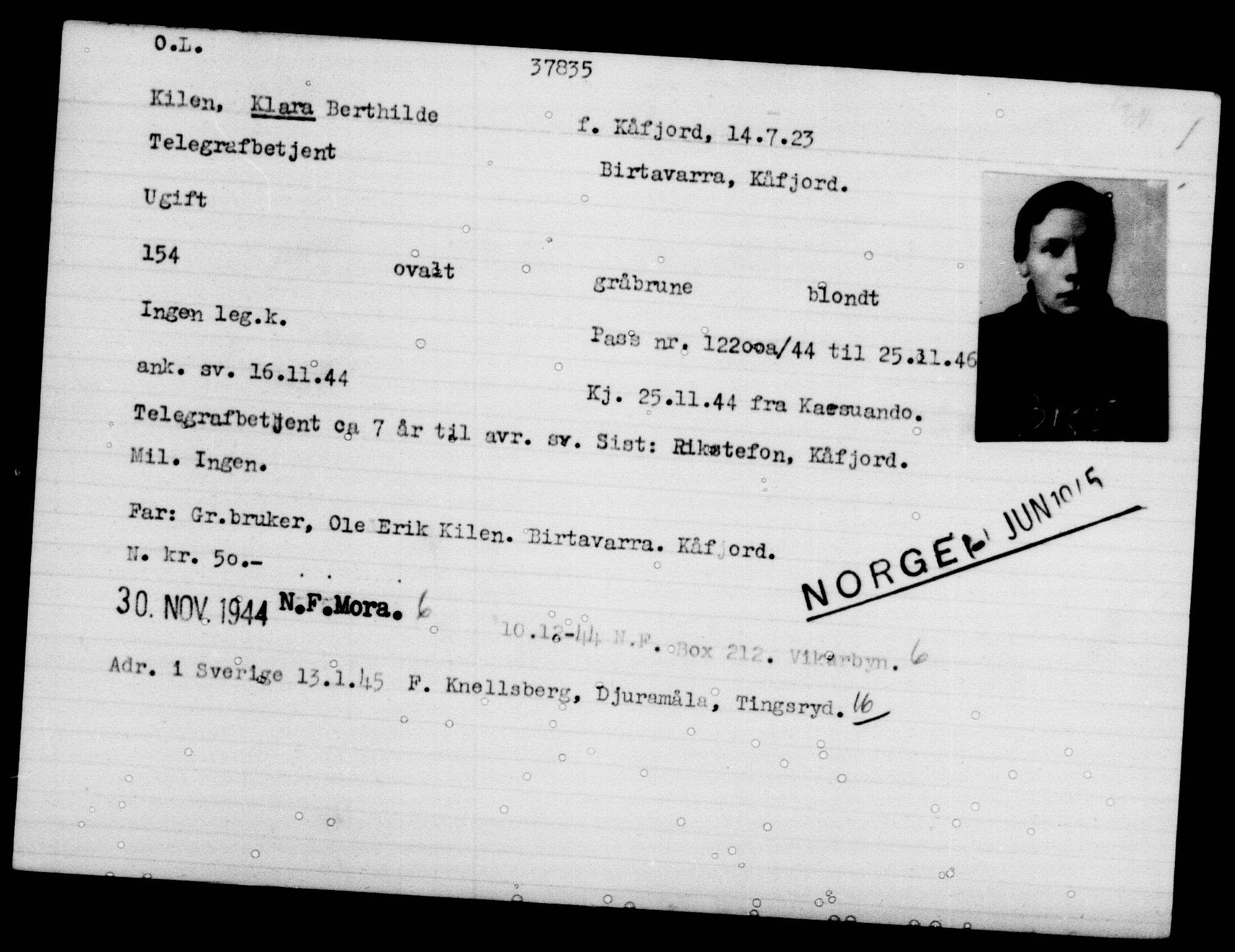 Utenriksstasjonene, Legasjonen i Stockholm, Flyktningkontoret, AV/RA-S-6753/V/Va/L0015: Kjesäterkartoteket, flyktninger med registreringsnr. 37800-40770, 1940-1945, p. 37