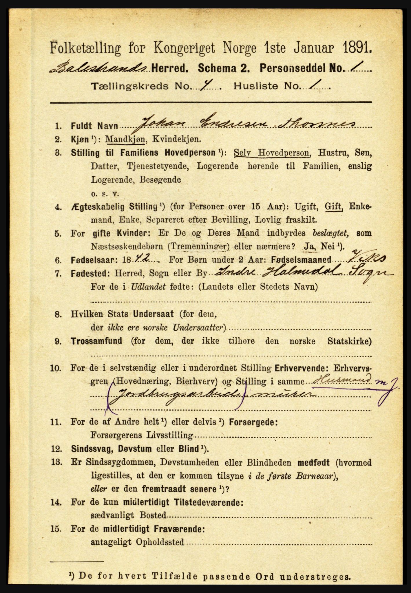 RA, 1891 census for 1418 Balestrand, 1891, p. 840