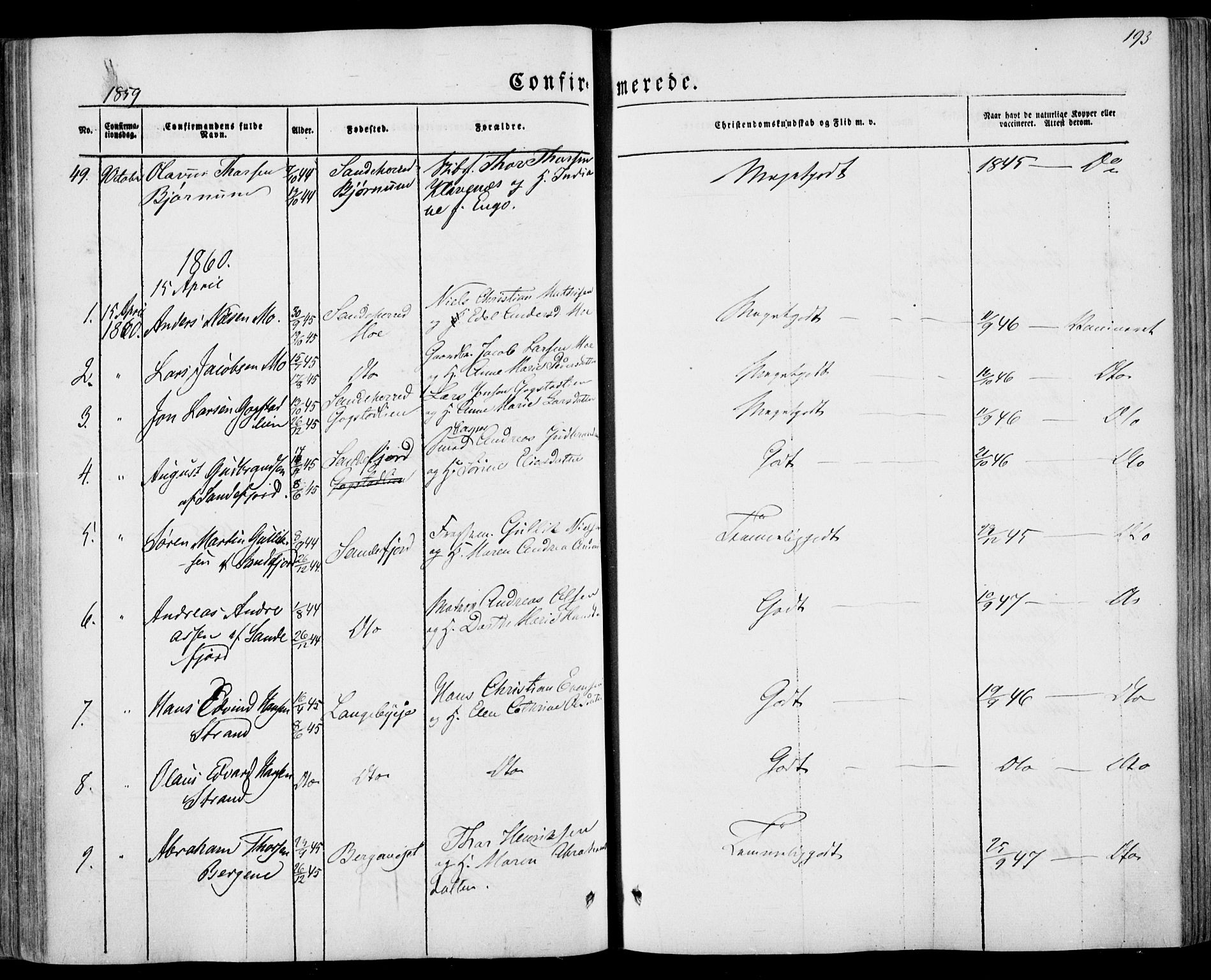 Sandar kirkebøker, SAKO/A-243/F/Fa/L0007: Parish register (official) no. 7, 1855-1861, p. 193