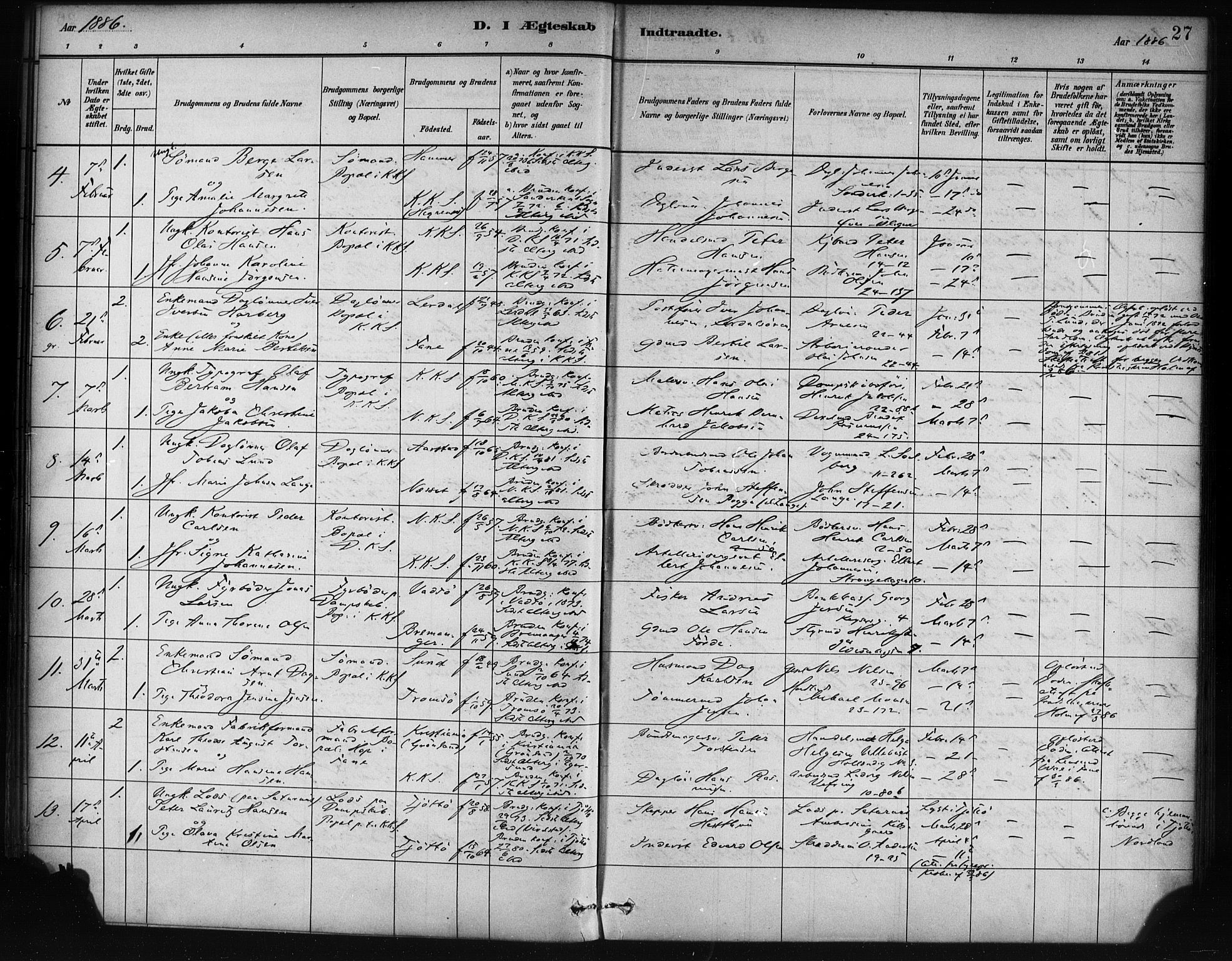 Korskirken sokneprestembete, SAB/A-76101/H/Haa/L0037: Parish register (official) no. D 4, 1883-1904, p. 27