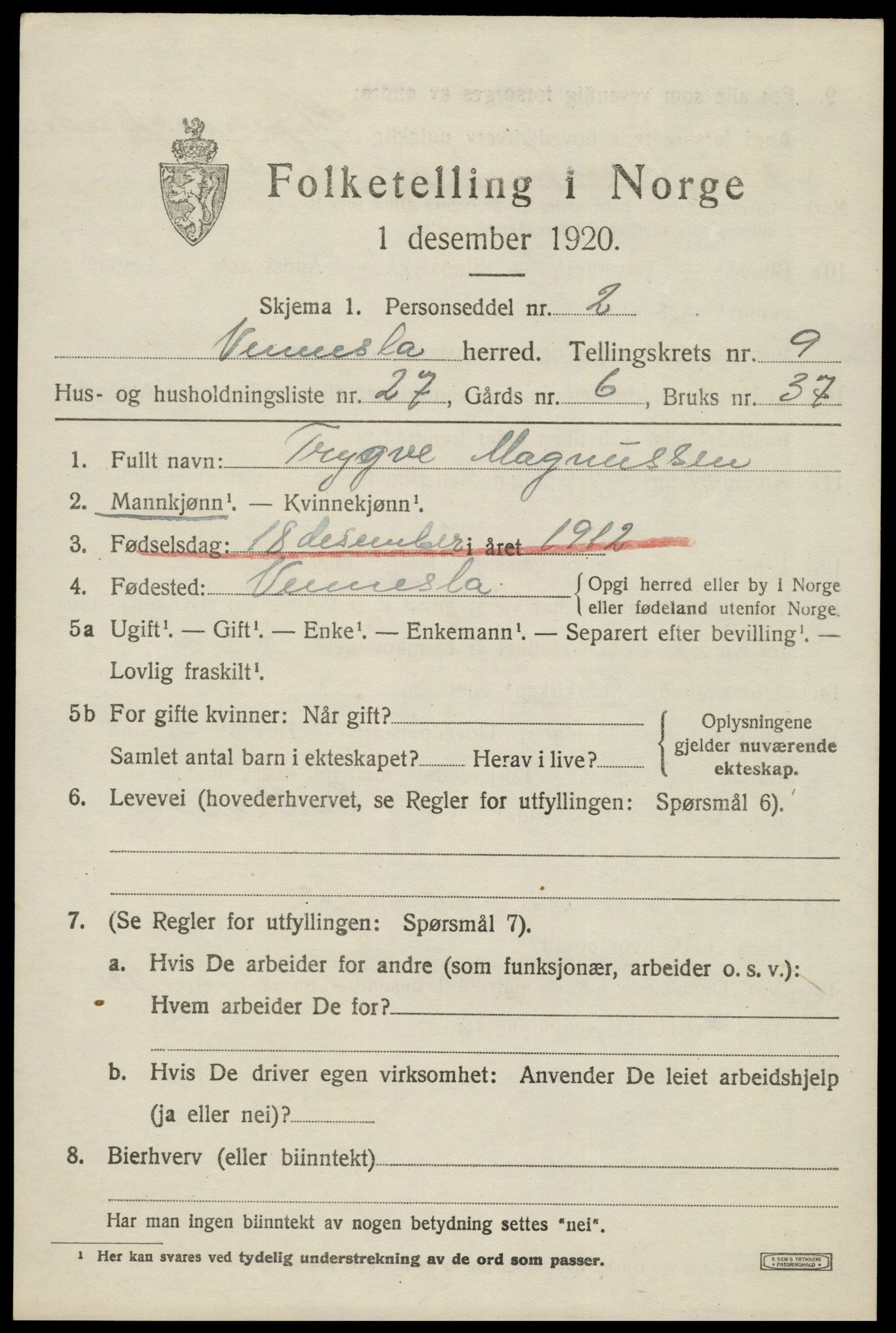 SAK, 1920 census for Vennesla, 1920, p. 6718