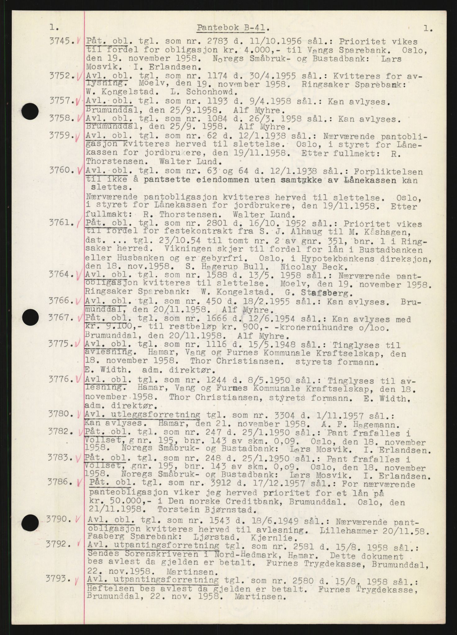 Nord-Hedmark sorenskriveri, SAH/TING-012/H/Hb/Hbf/L0041: Mortgage book no. B41, 1958-1959, Diary no: : 3745/1958