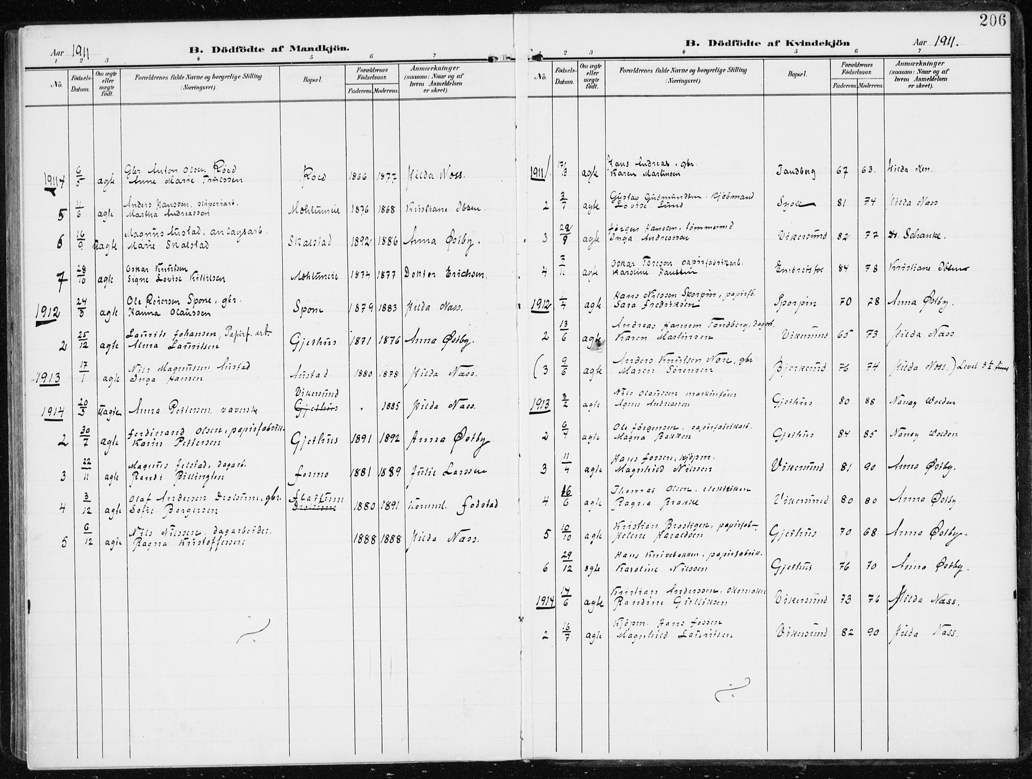 Modum kirkebøker, AV/SAKO-A-234/F/Fa/L0014a: Parish register (official) no. 14A, 1906-1918, p. 206