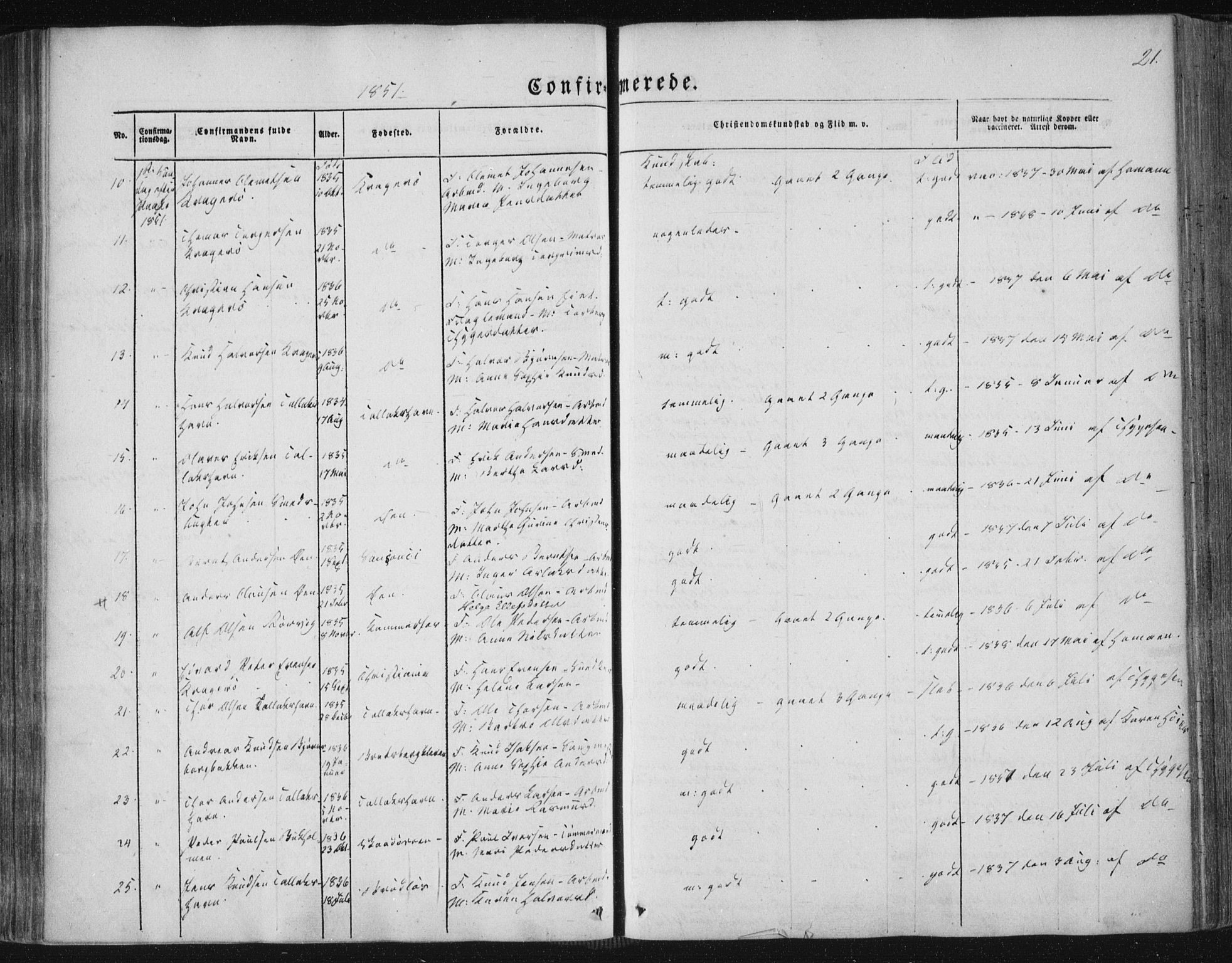 Kragerø kirkebøker, SAKO/A-278/F/Fa/L0006: Parish register (official) no. 6, 1847-1861, p. 21
