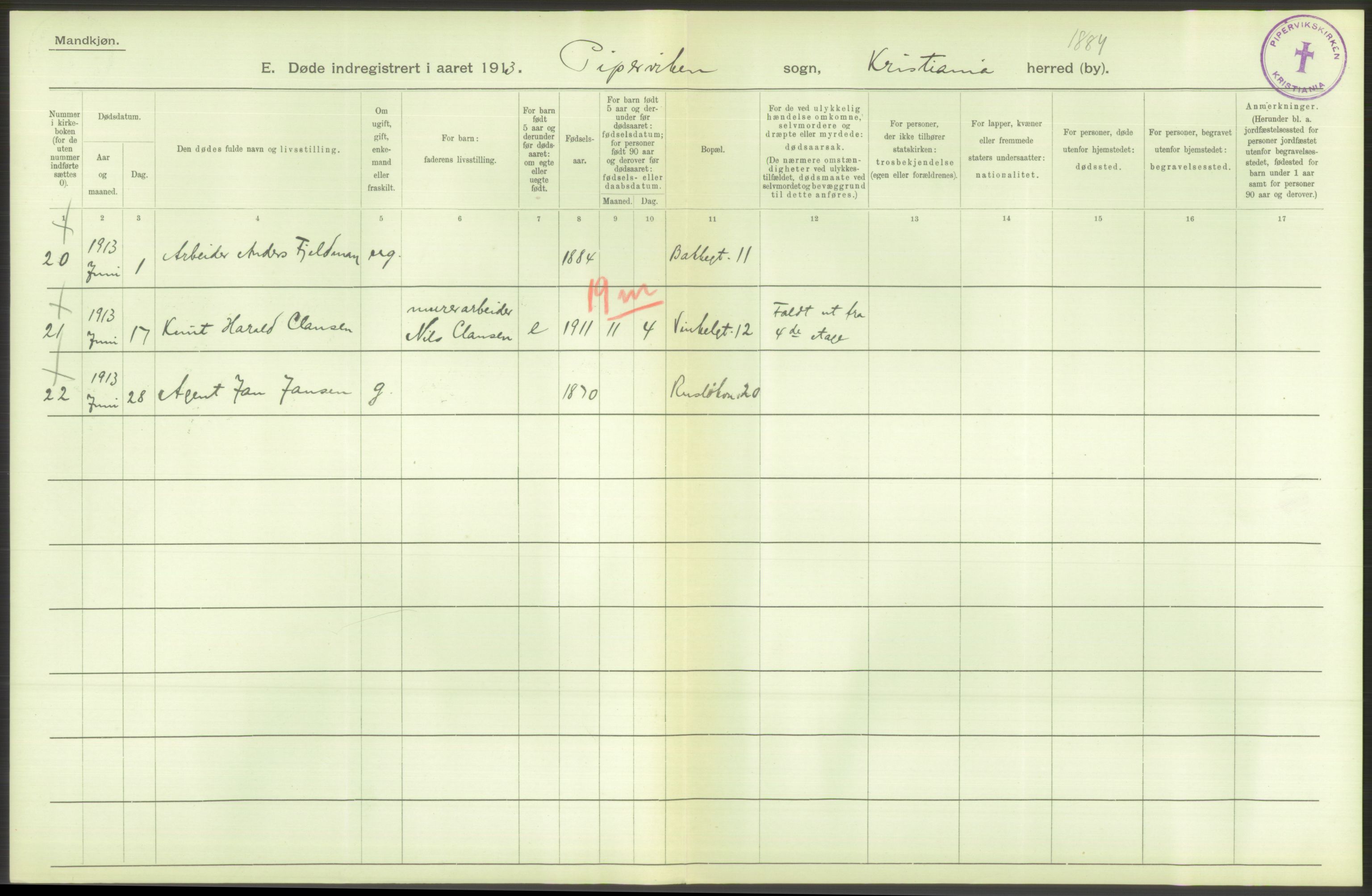 Statistisk sentralbyrå, Sosiodemografiske emner, Befolkning, AV/RA-S-2228/D/Df/Dfb/Dfbc/L0010: Kristiania: Døde, dødfødte., 1913, p. 424