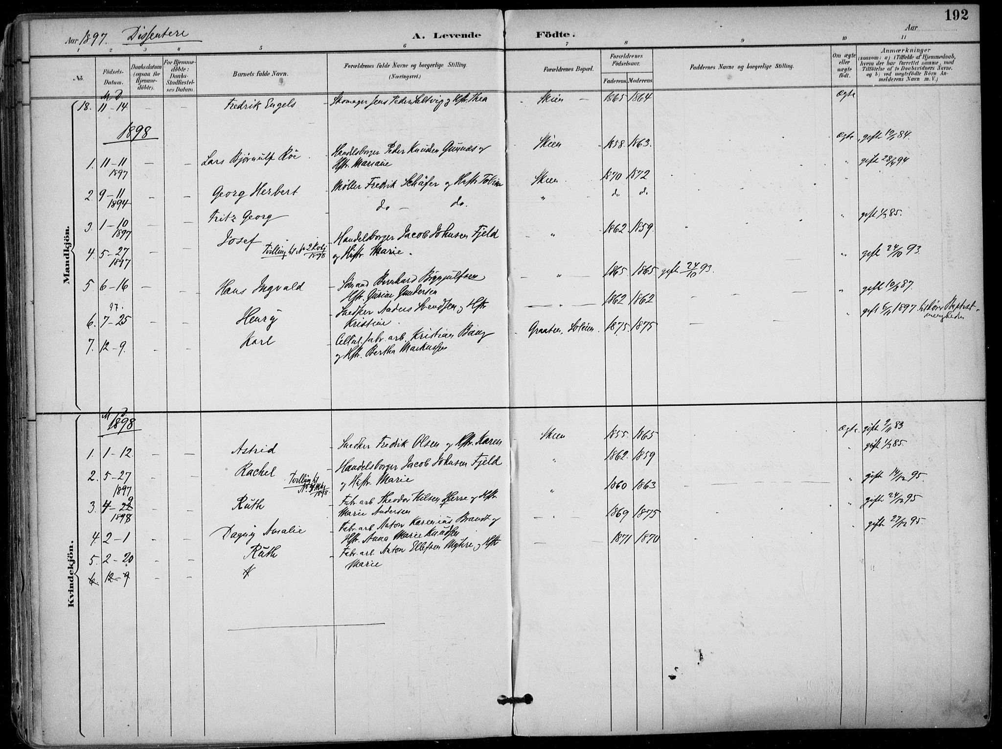 Skien kirkebøker, SAKO/A-302/F/Fa/L0010: Parish register (official) no. 10, 1891-1899, p. 192