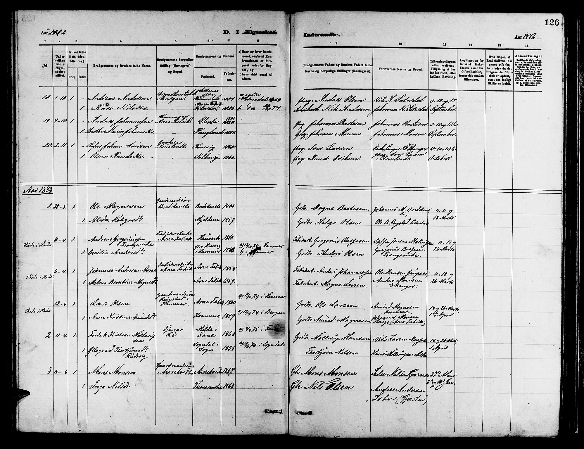 Arna Sokneprestembete, SAB/A-74001/H/Ha/Hab: Parish register (copy) no. A 2, 1878-1887, p. 126
