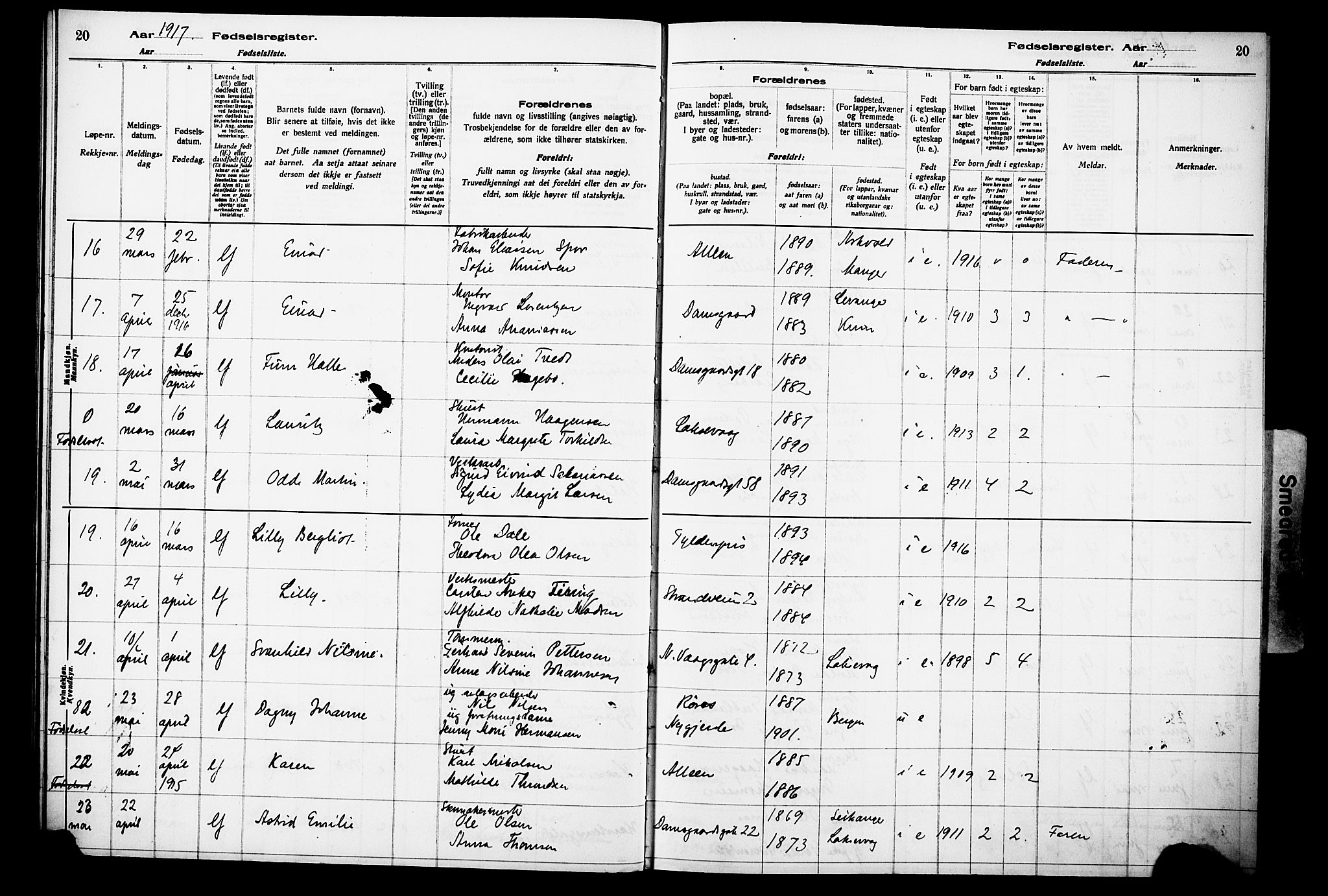 Laksevåg Sokneprestembete, AV/SAB-A-76501/I/Id/L00A1: Birth register no. A 1, 1916-1926, p. 20