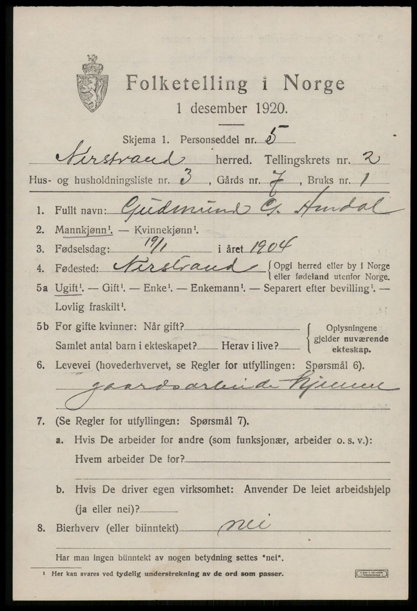 SAST, 1920 census for Nedstrand, 1920, p. 1007