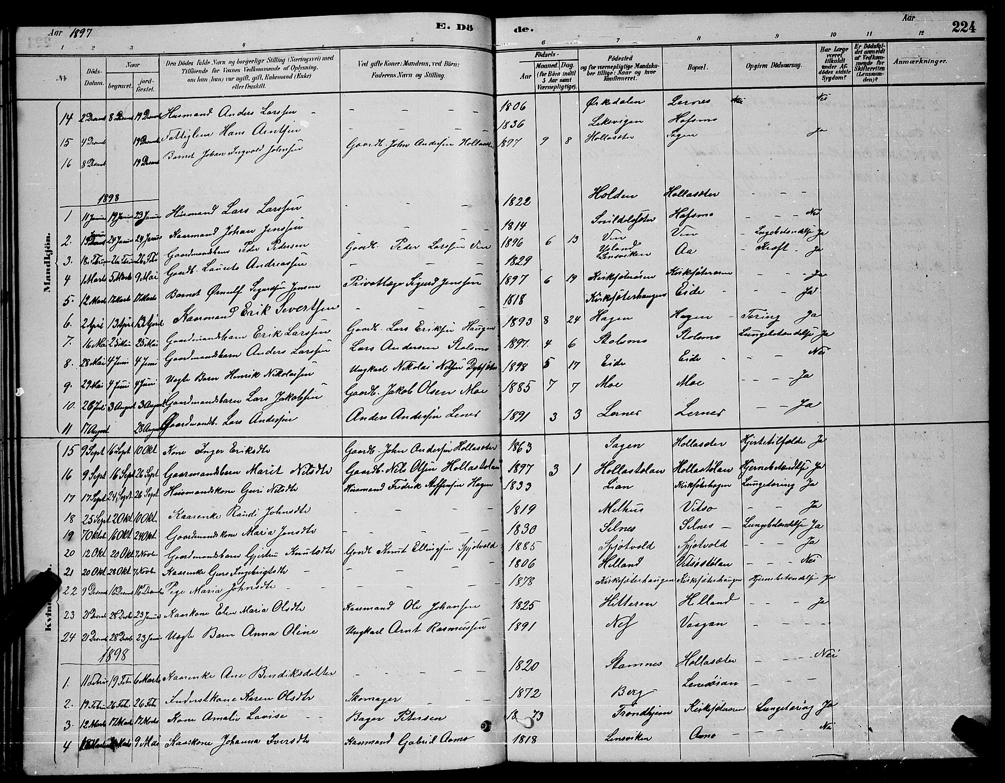 Ministerialprotokoller, klokkerbøker og fødselsregistre - Sør-Trøndelag, AV/SAT-A-1456/630/L0504: Parish register (copy) no. 630C02, 1879-1898, p. 224