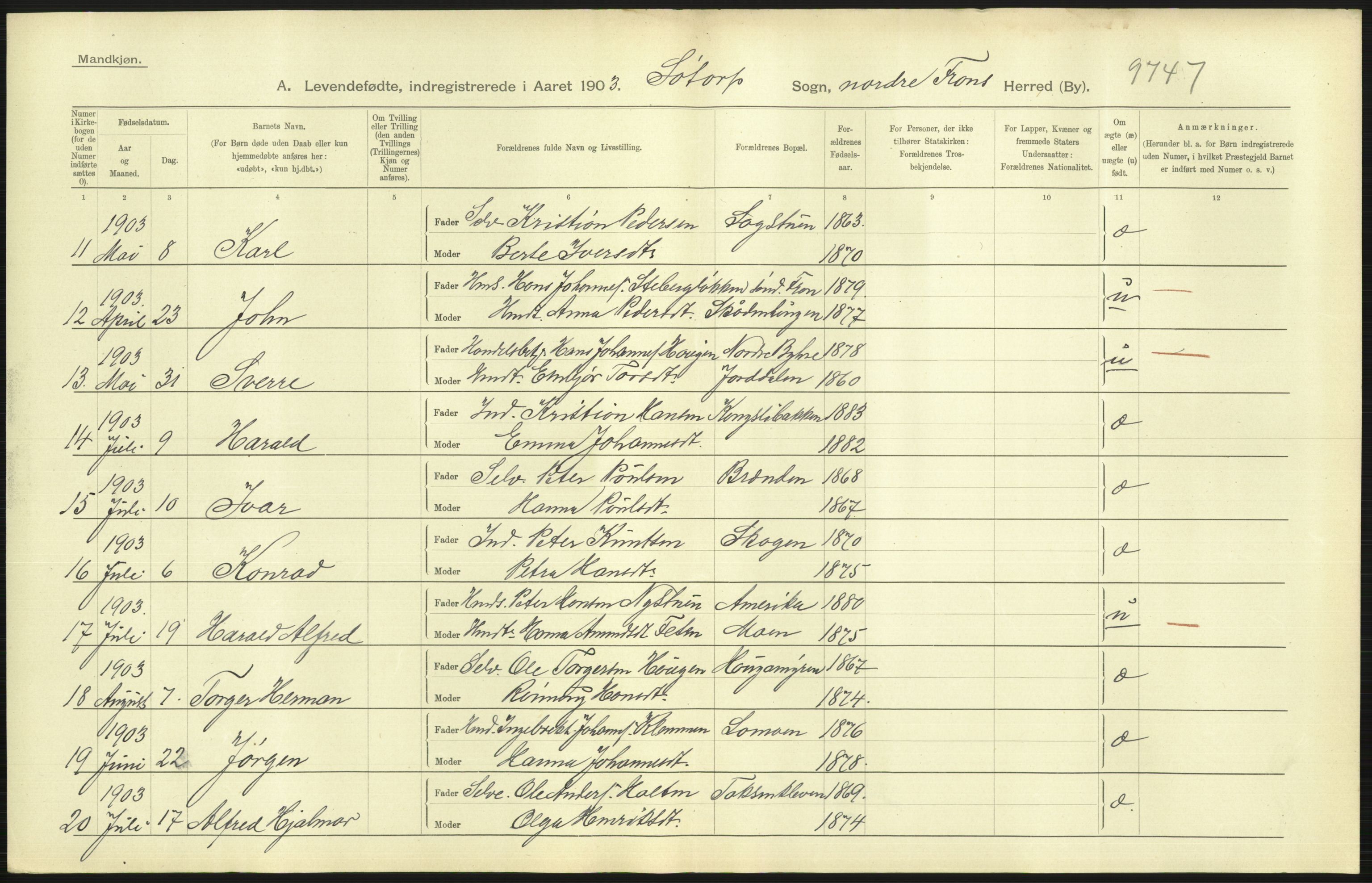 Statistisk sentralbyrå, Sosiodemografiske emner, Befolkning, AV/RA-S-2228/D/Df/Dfa/Dfaa/L0006: Kristians amt: Fødte, gifte, døde, 1903, p. 49