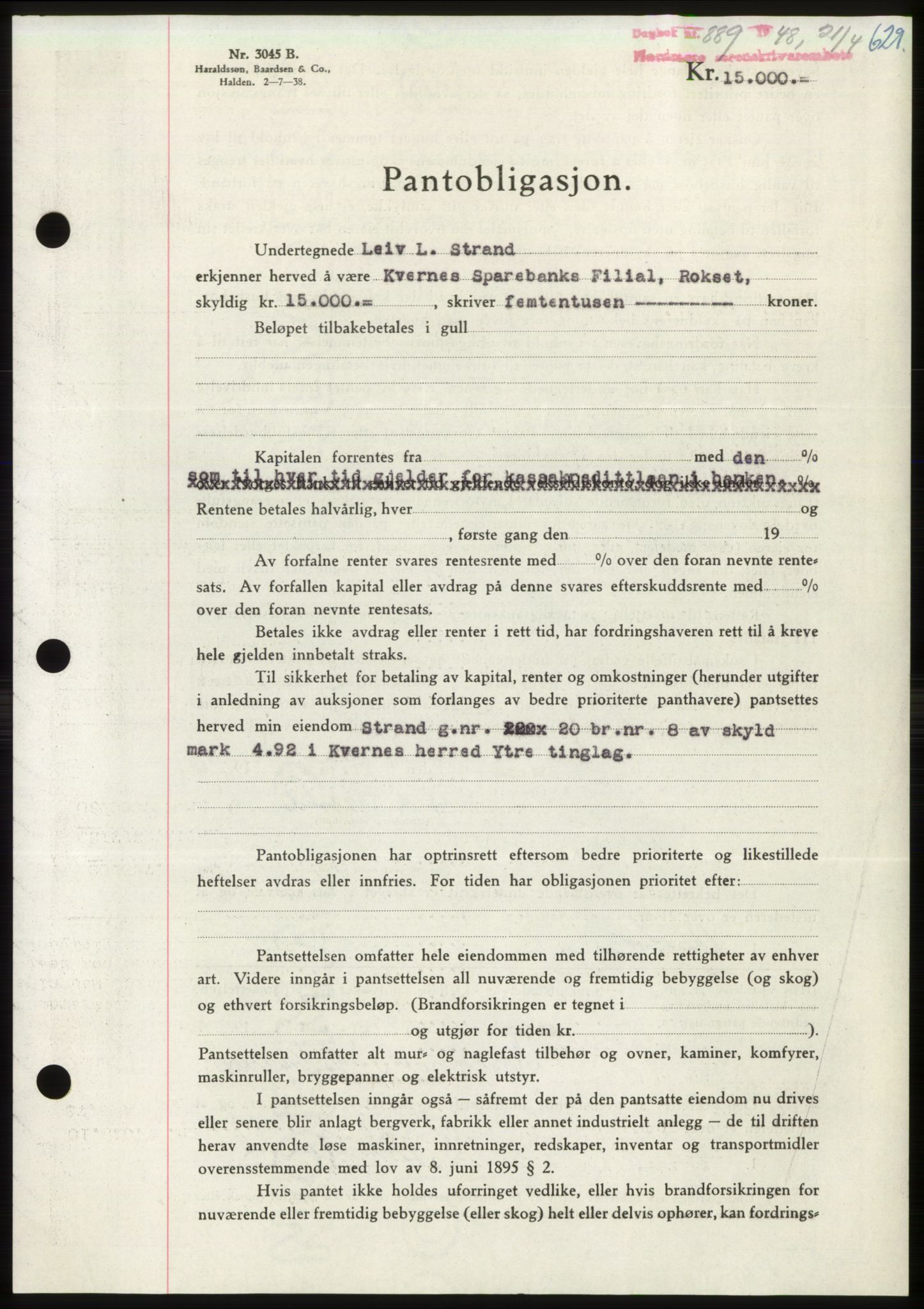 Nordmøre sorenskriveri, AV/SAT-A-4132/1/2/2Ca: Mortgage book no. B98, 1948-1948, Diary no: : 889/1948