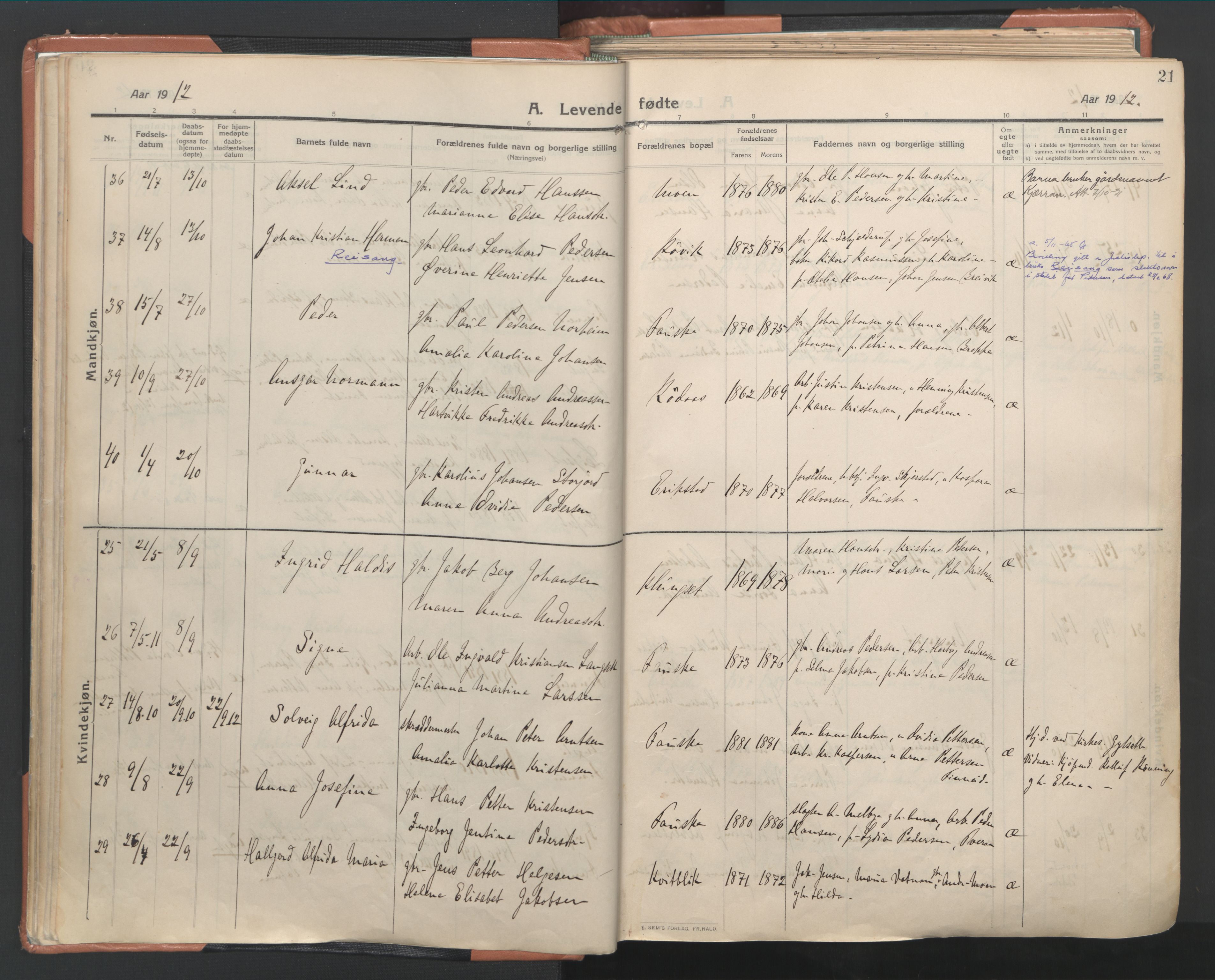 Ministerialprotokoller, klokkerbøker og fødselsregistre - Nordland, AV/SAT-A-1459/849/L0698: Parish register (official) no. 849A09, 1911-1924, p. 21