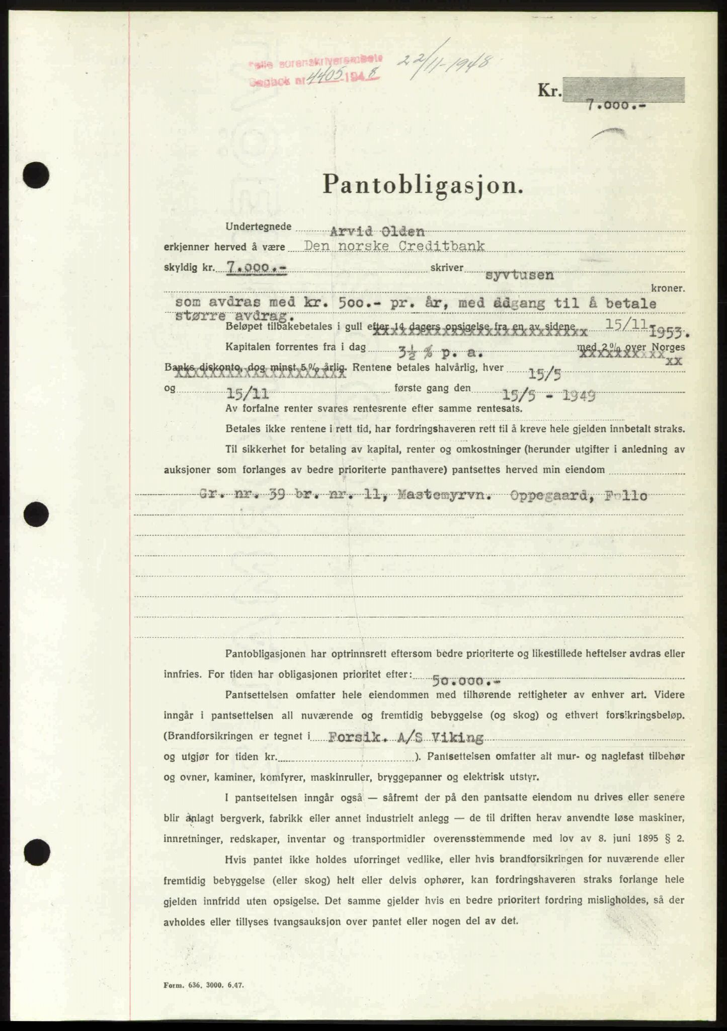 Follo sorenskriveri, SAO/A-10274/G/Ga/Gaa/L0085: Mortgage book no. I 85, 1948-1948, Diary no: : 4405/1948