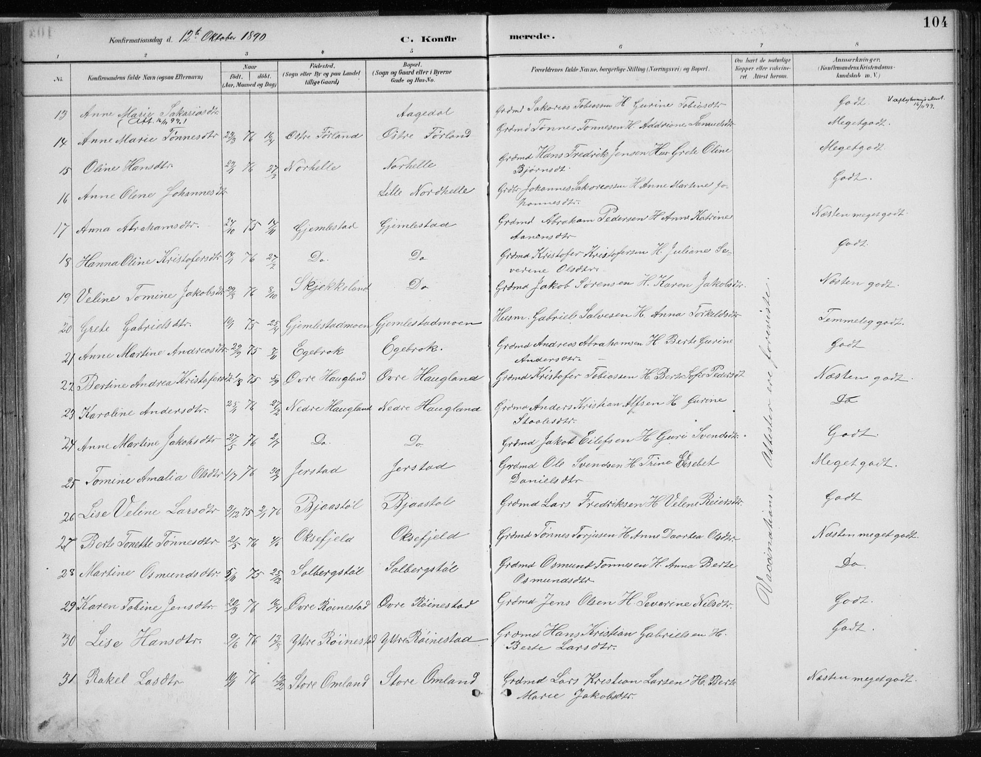 Kvinesdal sokneprestkontor, AV/SAK-1111-0026/F/Fa/Fab/L0008: Parish register (official) no. A 8, 1886-1897, p. 104