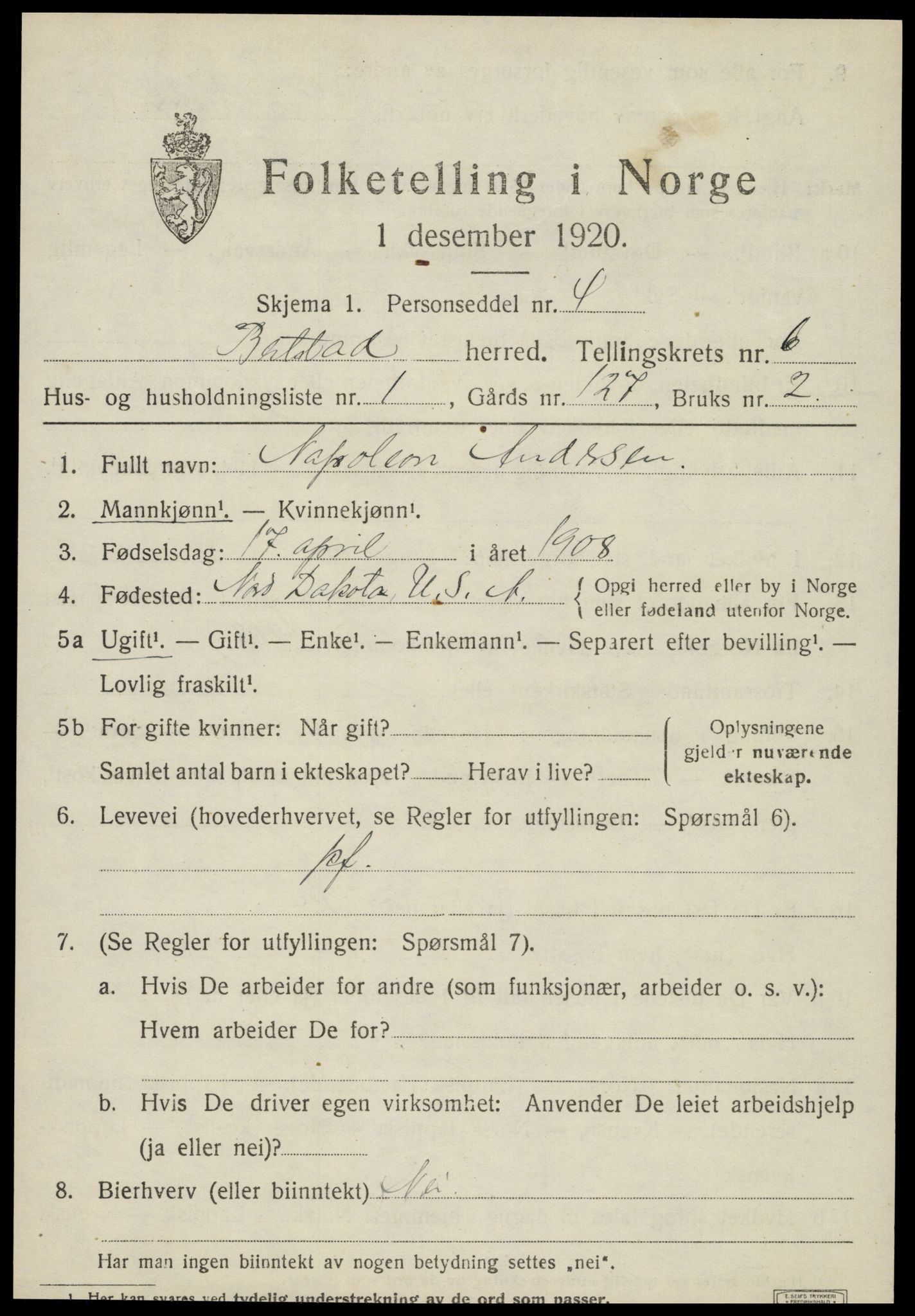 SAT, 1920 census for Beitstad, 1920, p. 4123