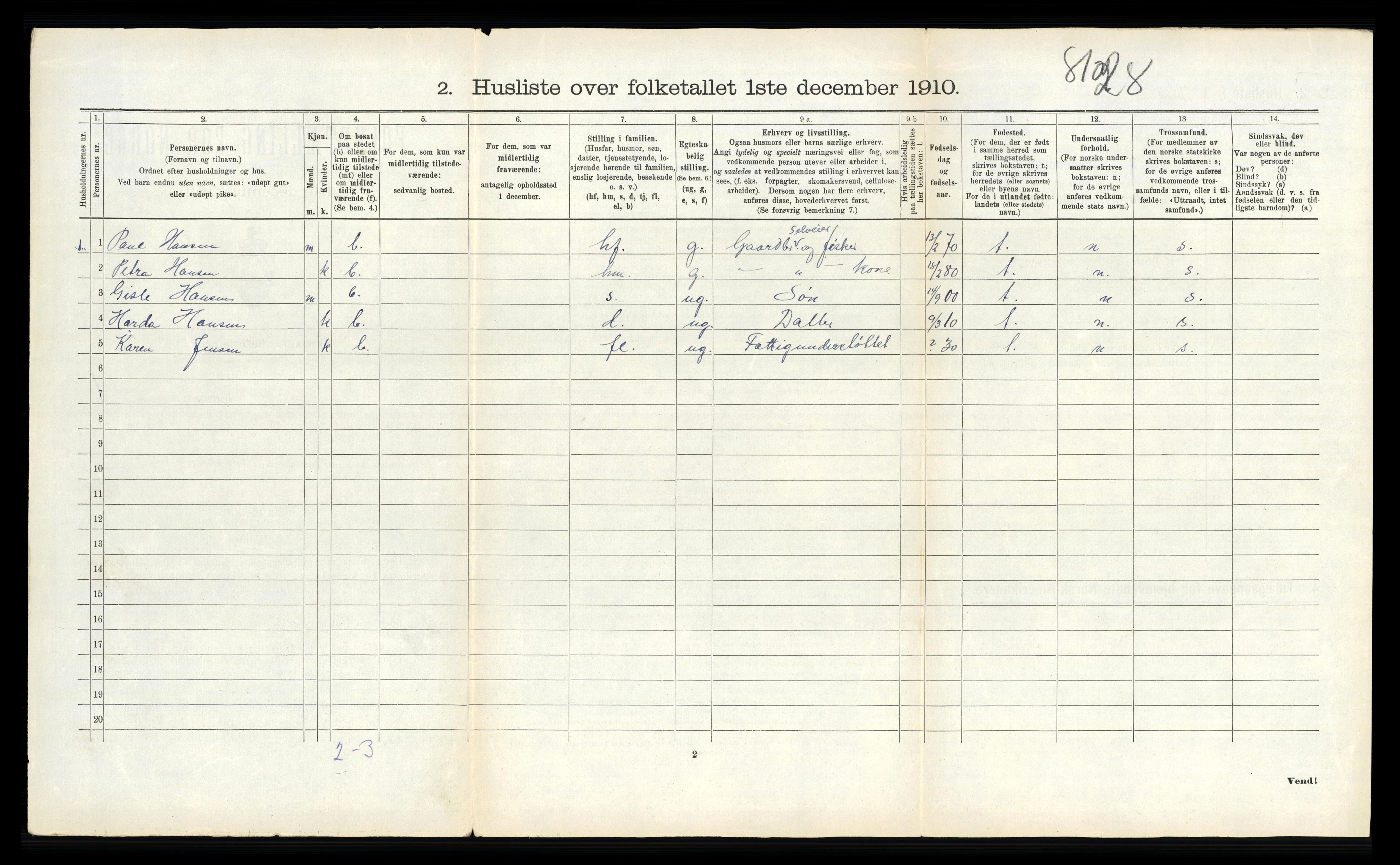 RA, 1910 census for Stamnes, 1910, p. 143