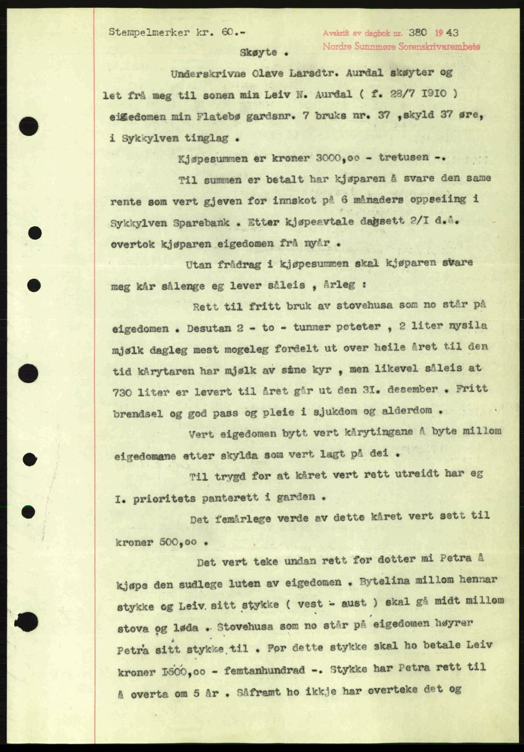 Nordre Sunnmøre sorenskriveri, AV/SAT-A-0006/1/2/2C/2Ca: Mortgage book no. A15, 1942-1943, Diary no: : 380/1943