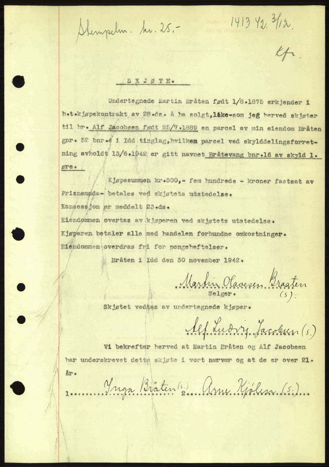 Idd og Marker sorenskriveri, AV/SAO-A-10283/G/Gb/Gbb/L0005: Mortgage book no. A5, 1941-1943, Diary no: : 1413/1942