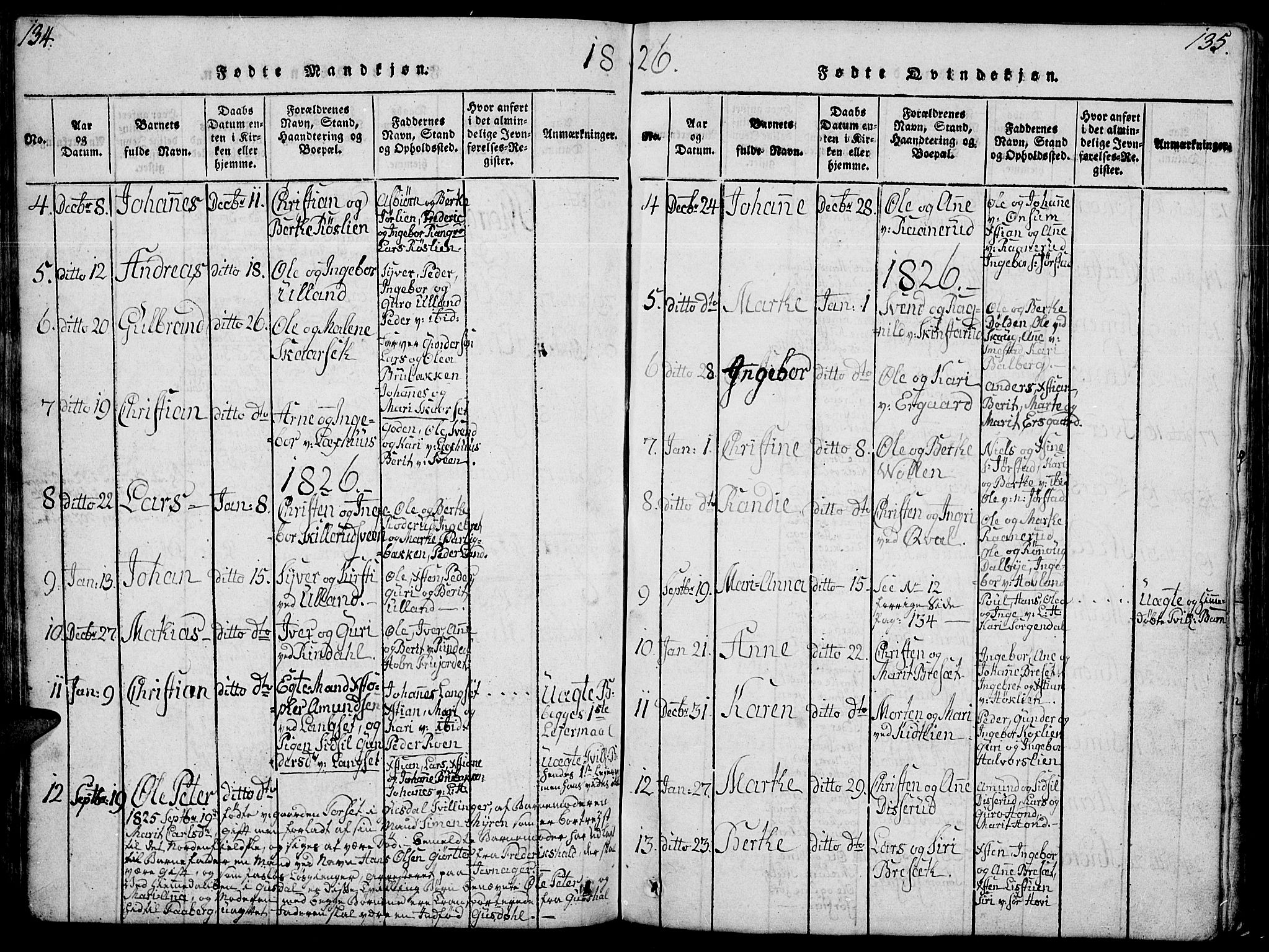 Fåberg prestekontor, SAH/PREST-086/H/Ha/Hab/L0004: Parish register (copy) no. 4, 1818-1837, p. 134-135