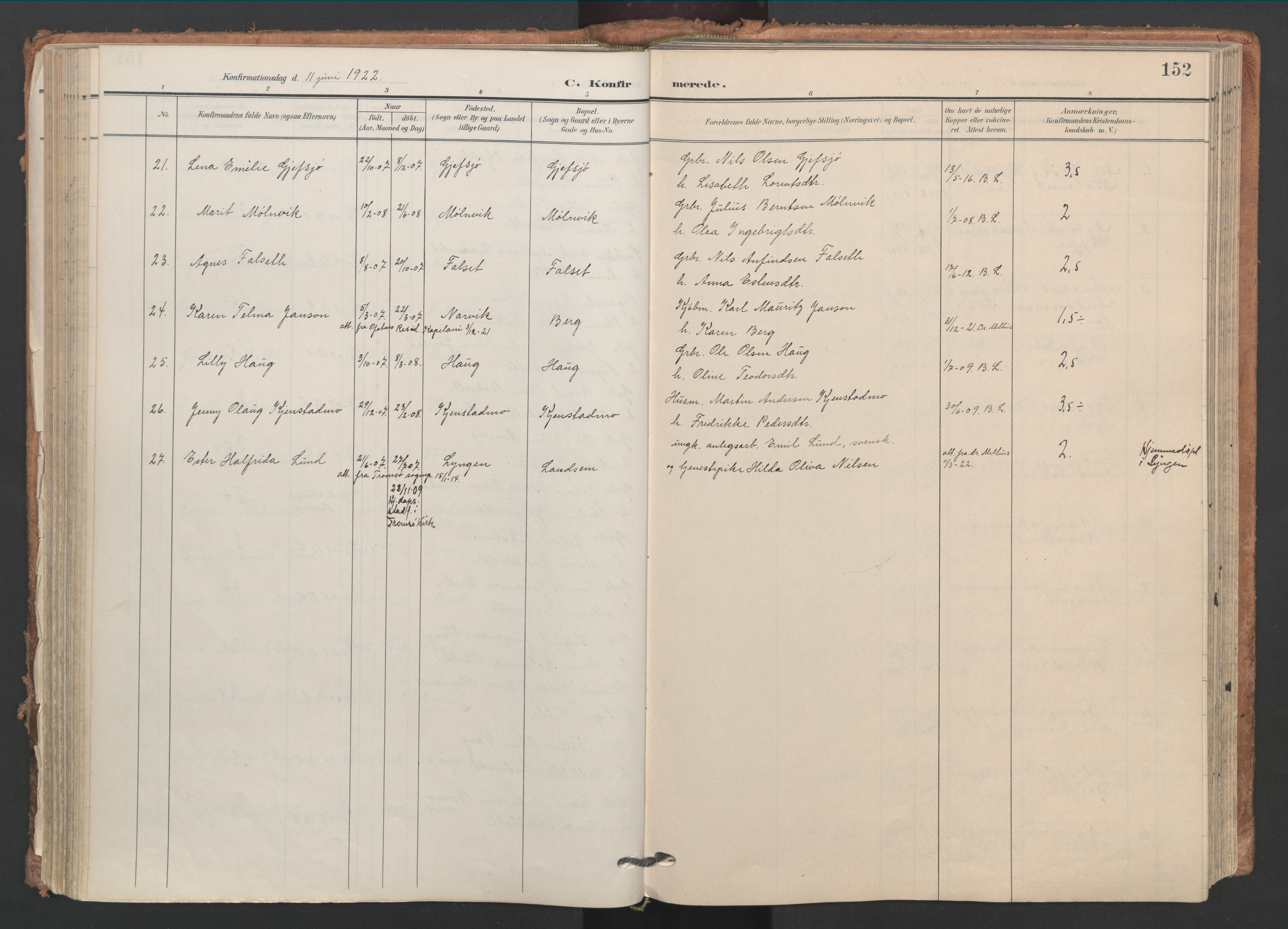 Ministerialprotokoller, klokkerbøker og fødselsregistre - Nord-Trøndelag, SAT/A-1458/749/L0477: Parish register (official) no. 749A11, 1902-1927, p. 152