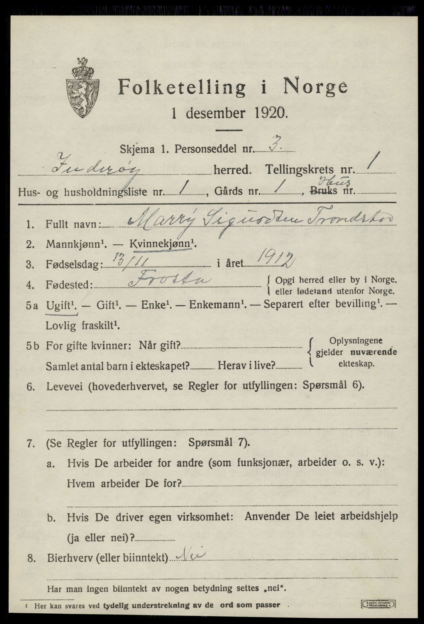 SAT, 1920 census for Inderøy, 1920, p. 1153