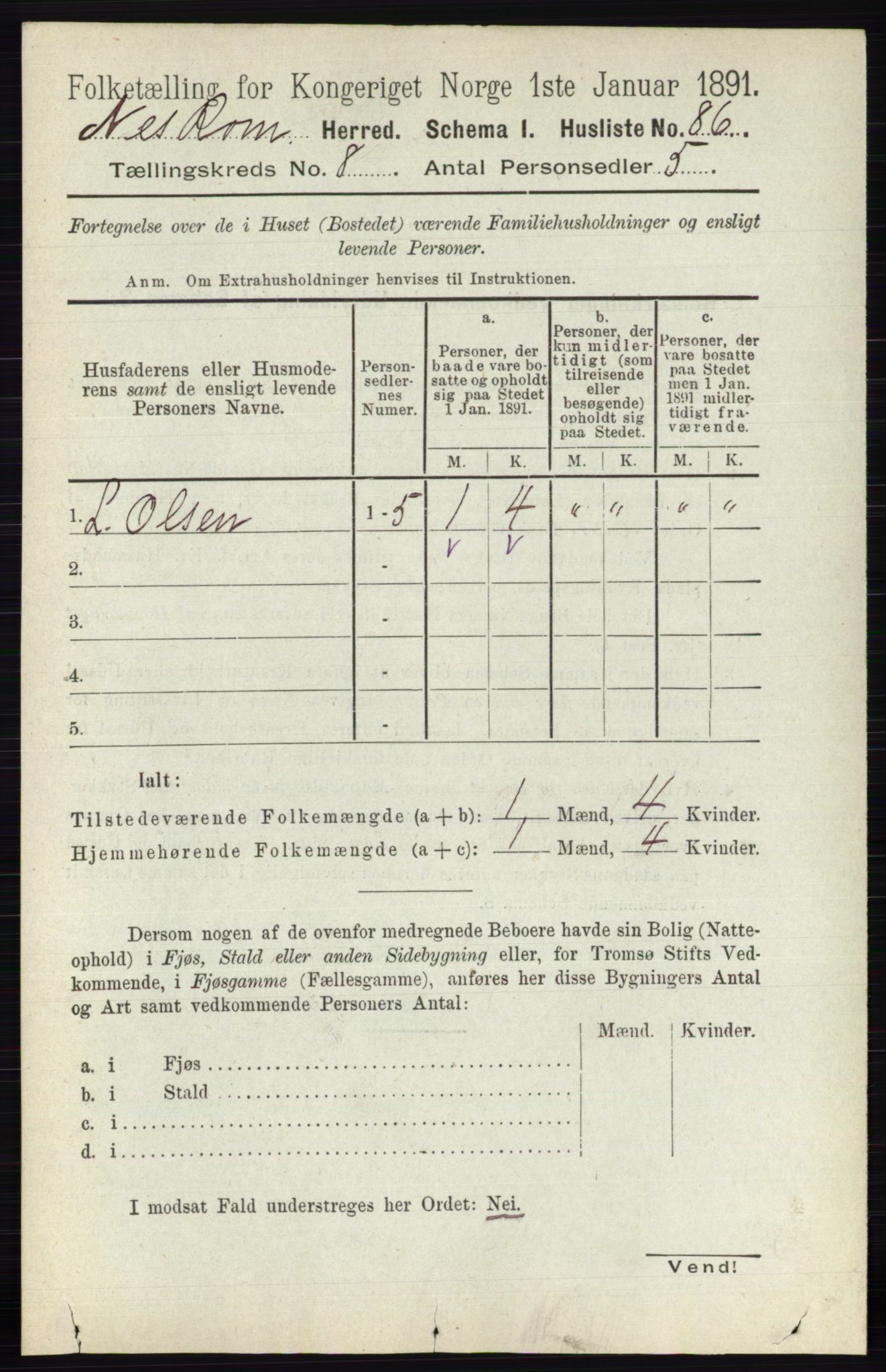 RA, 1891 census for 0236 Nes, 1891, p. 4566