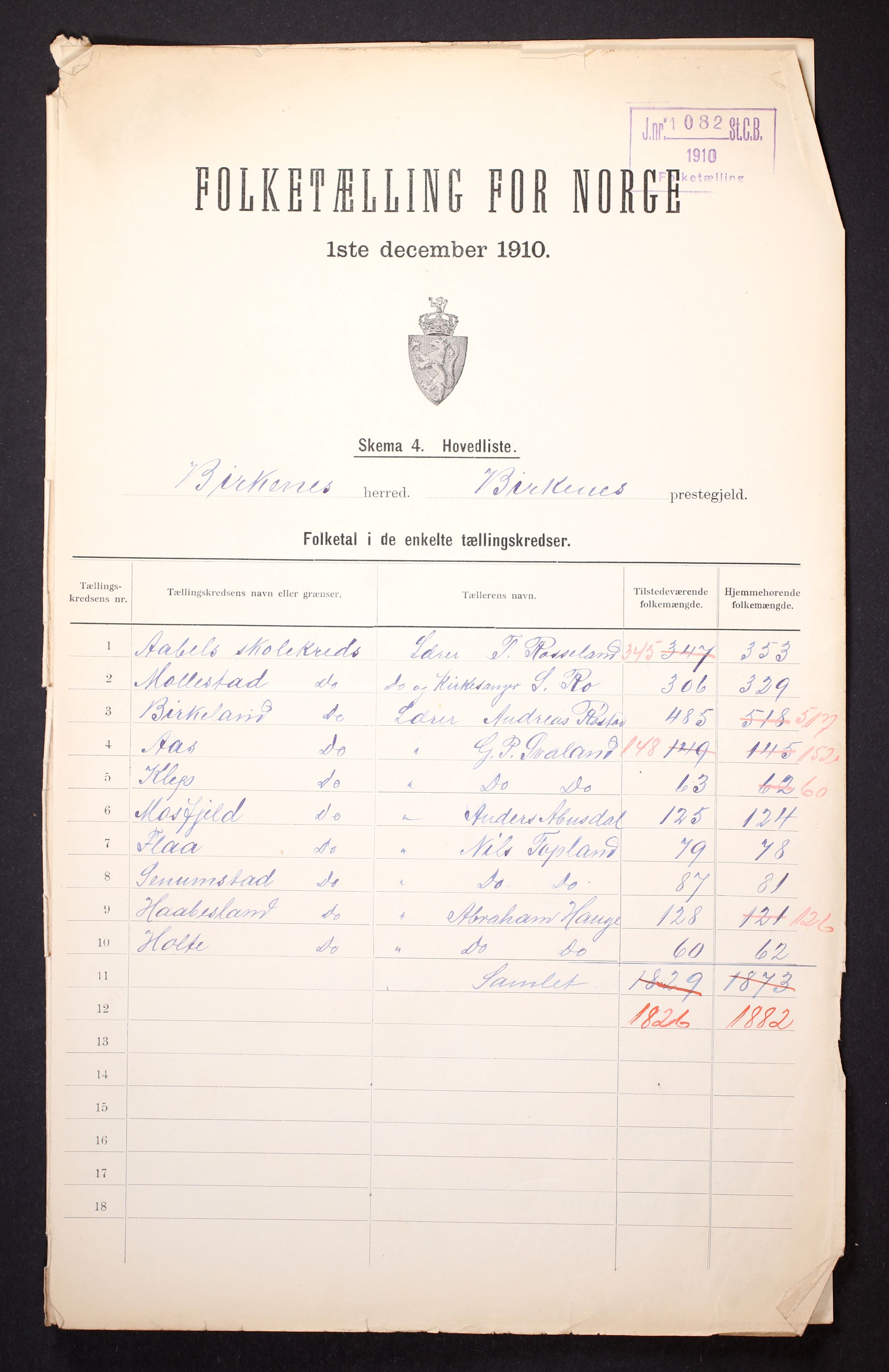 RA, 1910 census for Birkenes, 1910, p. 2